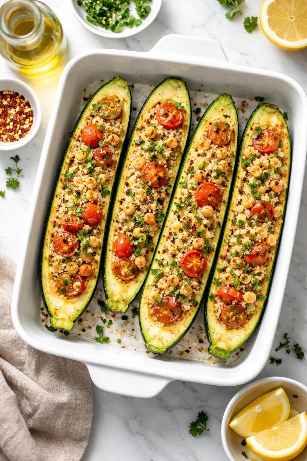 Image Prompt: Top-down realistic food photography of quinoa stuffed zucchini boats on a clean white marble countertop, halved zucchini filled with quinoa, tomatoes, chickpeas, and herbs, baked until tender, fresh homemade vegan dinner styling, bright natural daylight, clean editorial composition, high detail, no people, no hands, no text, no watermarks, no props with writing.