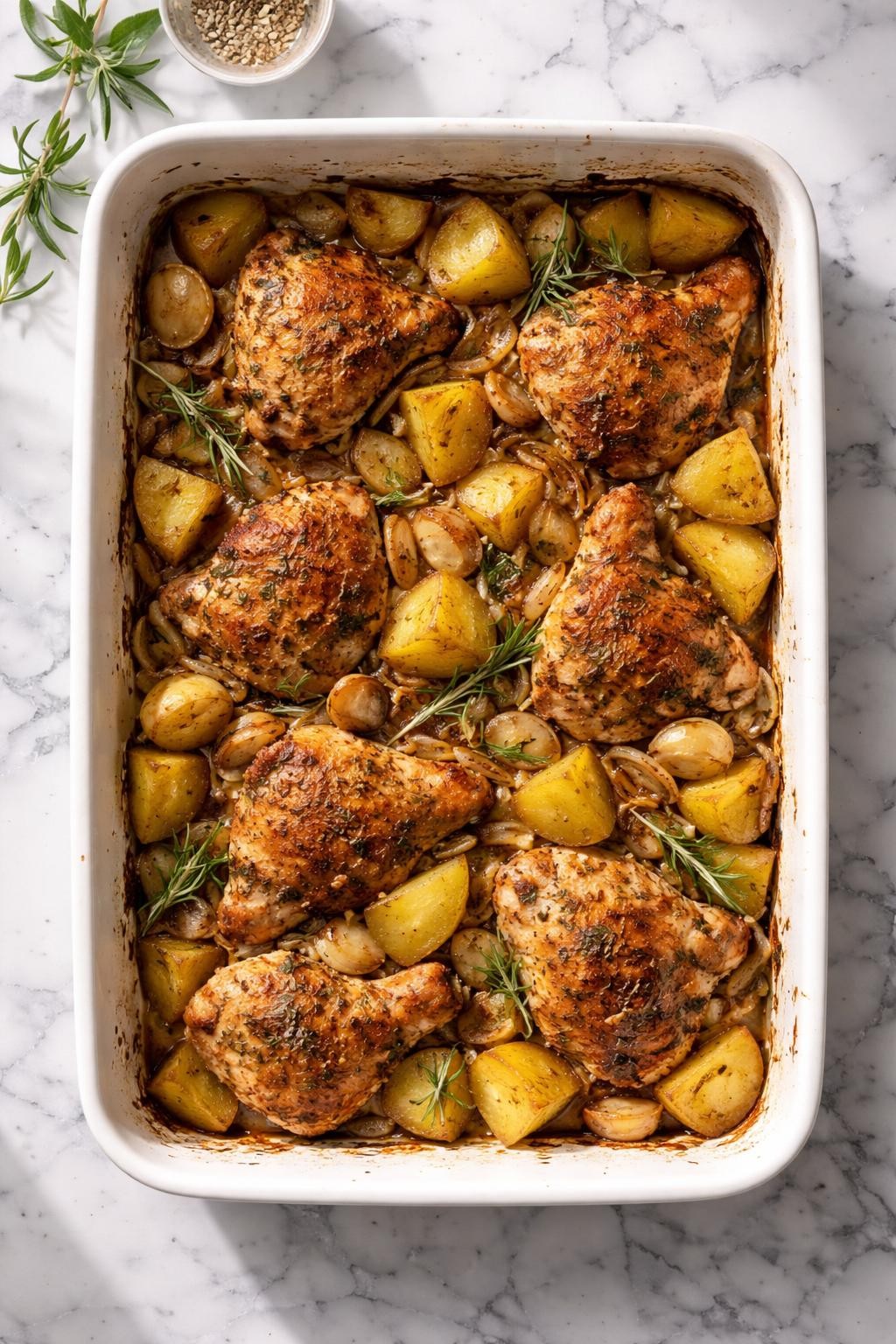 Image Prompt: Top-down realistic editorial food photography of an Italian chicken and potatoes bake on a clean white and gray marble countertop, roasted chicken pieces with golden potato chunks, garlic, herbs, and onions in a baking dish, warm simple homemade dinner mood, bright natural window light, soft shadows, high detail, no people, no hands, no text, no watermarks, no props with writing.