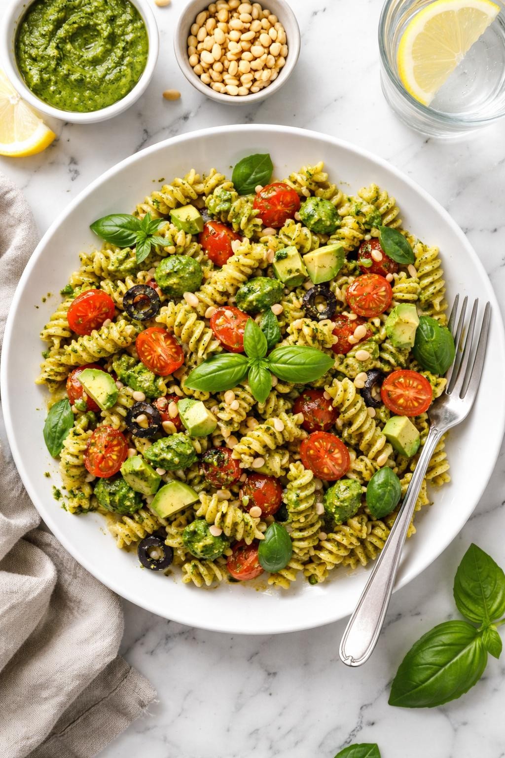 An overheard picture view of a plate of Vegan Pesto Pasta Salad sitting on a marble countertop table in the kitchen, professional food photography style.