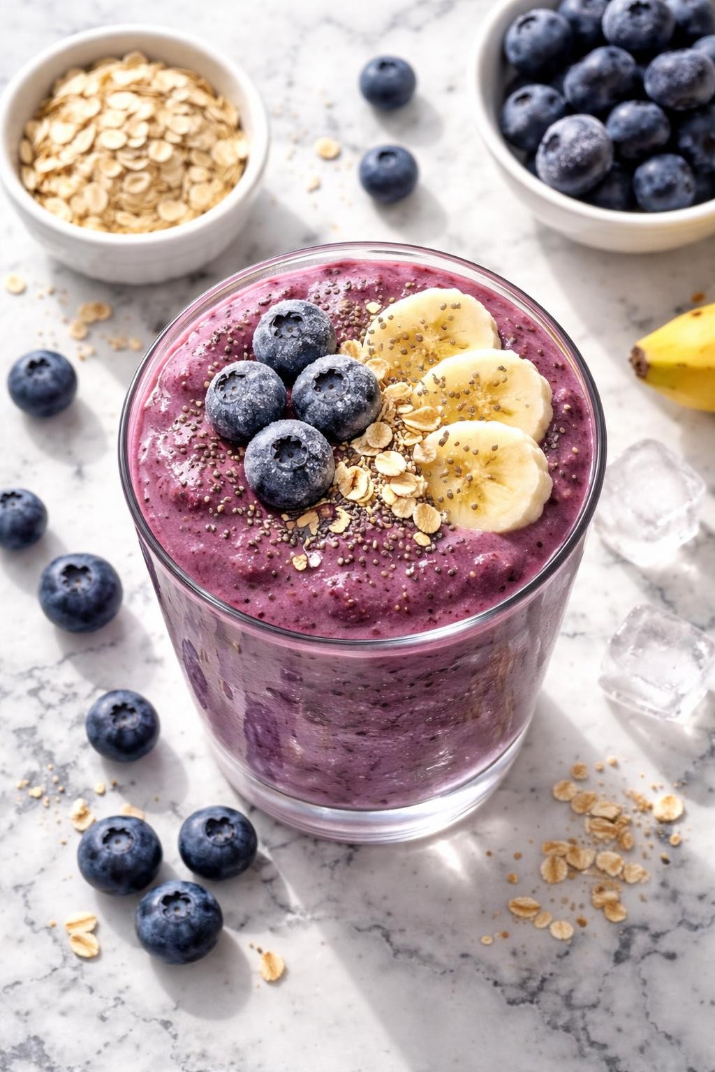 Realistic top-down editorial food photography of a frozen blueberry oat smoothie served in a clear glass on a white and gray marble countertop. The smoothie is deep purple, thick, creamy, and cold, styled with frozen blueberries, rolled oats, banana slices, chia seeds, and a few ice crystals nearby. Bright natural daylight, clean homemade breakfast mood, high detail, realistic smoothie texture, no people, no hands, no text, no watermarks, no props with writing.