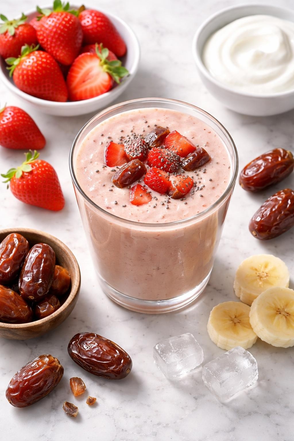 Realistic top-down editorial food photography of a strawberry date smoothie served in a clear glass on a light marble countertop. The smoothie is soft pink-beige, thick, creamy, and smooth, styled with strawberries, pitted dates, banana rounds, yogurt in a plain bowl, and a few ice cubes nearby. Bright natural daylight, clean fruity smoothie styling, high detail, realistic smoothie texture, no people, no hands, no text, no watermarks, no props with writing.