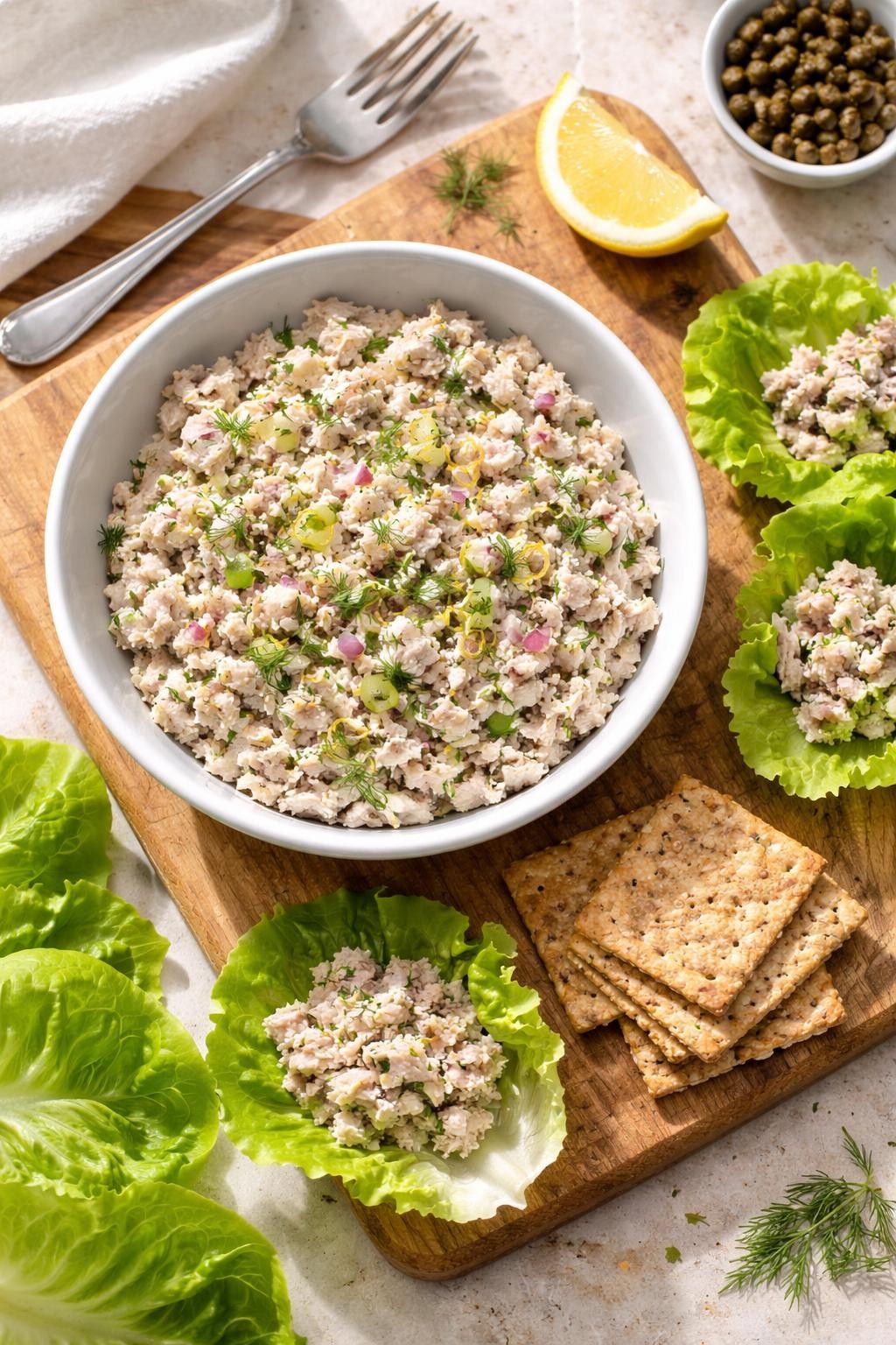 "Realistic top-down food photography of a bowl of tuna salad on a wooden cutting board next to lettuce cups and crackers. The tuna salad is creamy with visible celery, red onion, fresh dill, and lemon zest. A fork and a lemon wedge on the side. Soft afternoon light, bright and protein-packed lunch idea, no people, no hands, no text, no watermarks."