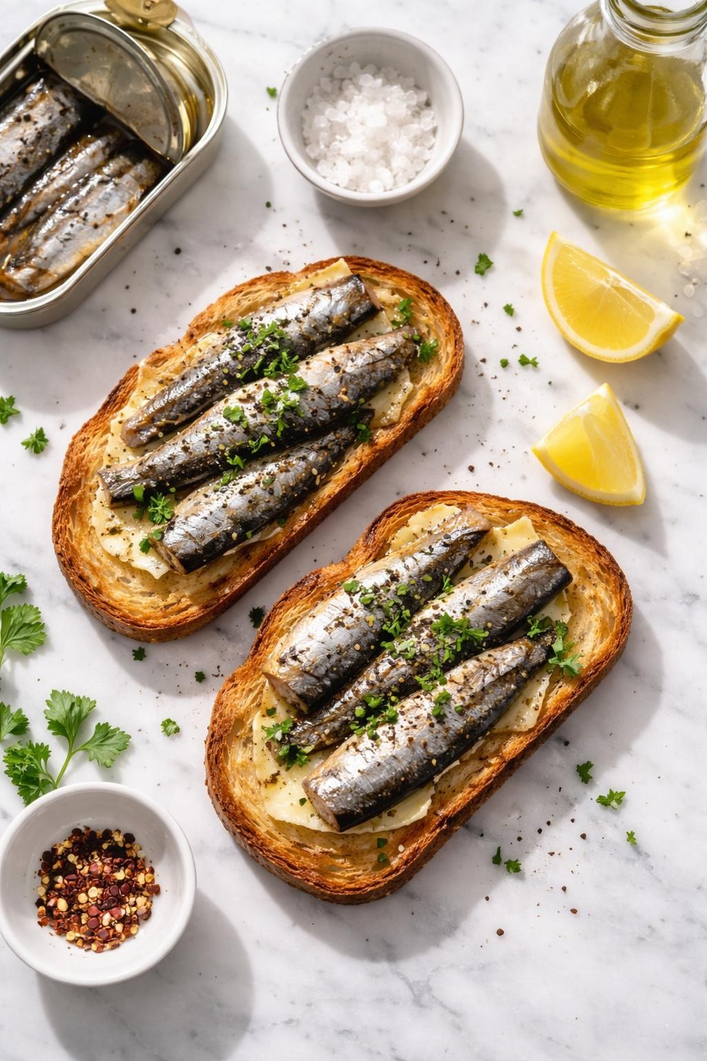 Prompt: Top-down realistic editorial food photography of sardine toasts on a clean light marble countertop, toasted bread topped with sardines, cracked black pepper, chopped herbs, and a light squeeze of lemon, simple homemade pantry lunch mood, bright natural daylight, soft shadows, clean composition, high detail, realistic food texture, no people, no hands, no text, no watermarks, no props with writing.