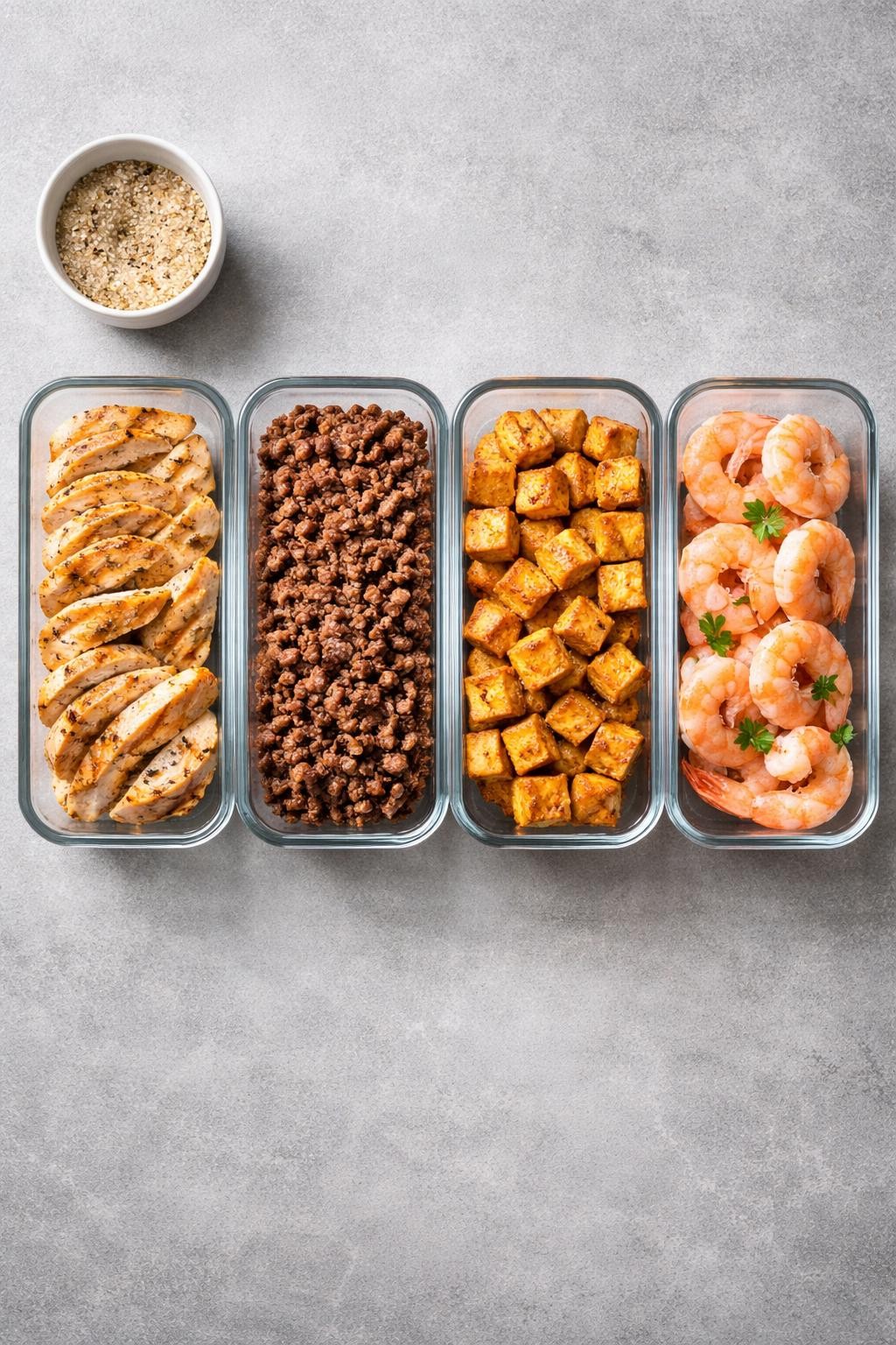 Prompt: Realistic top-down editorial food photography of four glass storage containers lined up on a gray countertop, each filled with a different cooked protein: grilled chicken breast strips, browned ground beef crumbles, baked tofu cubes, and boiled shrimp. A small bowl of seasoning salt sits in the corner. Clean, organized, and efficient meal prep vibe, bright indirect light, no people, no hands, no text, no watermarks, no props with writing.