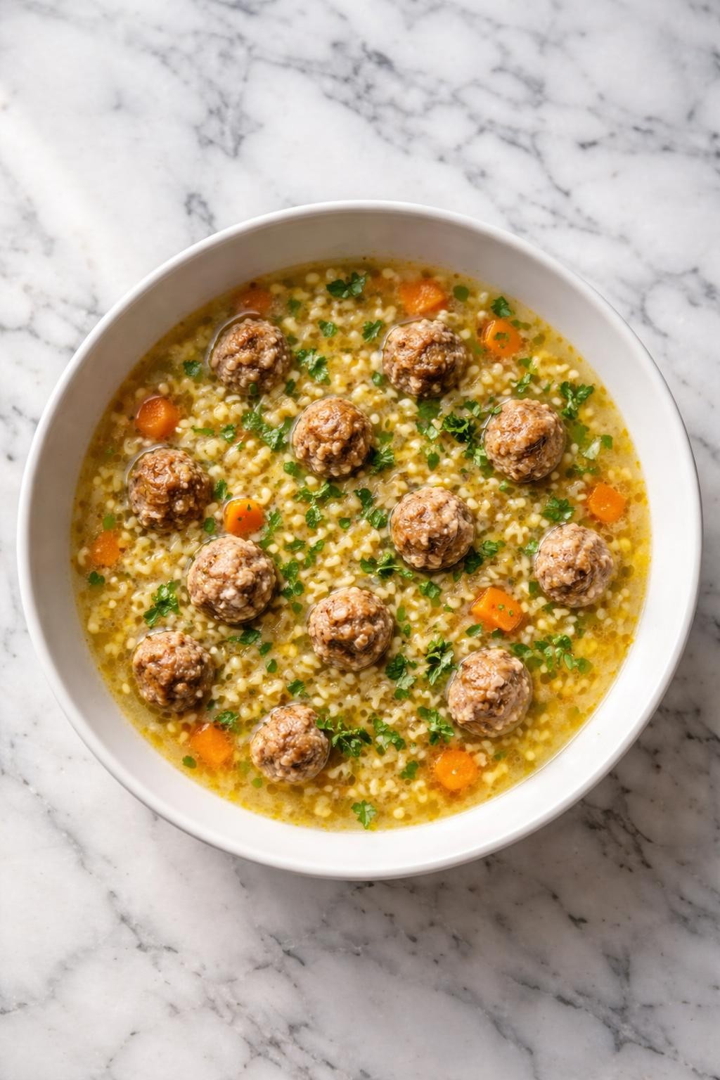 Image Prompt: Realistic top-down editorial food photography of pastina soup with mini meatballs in a white ceramic bowl on a clean white and gray marble countertop, tiny pastina pasta in rich golden broth with small meatballs and chopped parsley, cozy homemade Italian soup mood, bright natural window lighting, no people, no hands, no text, no watermarks, no props with writing.