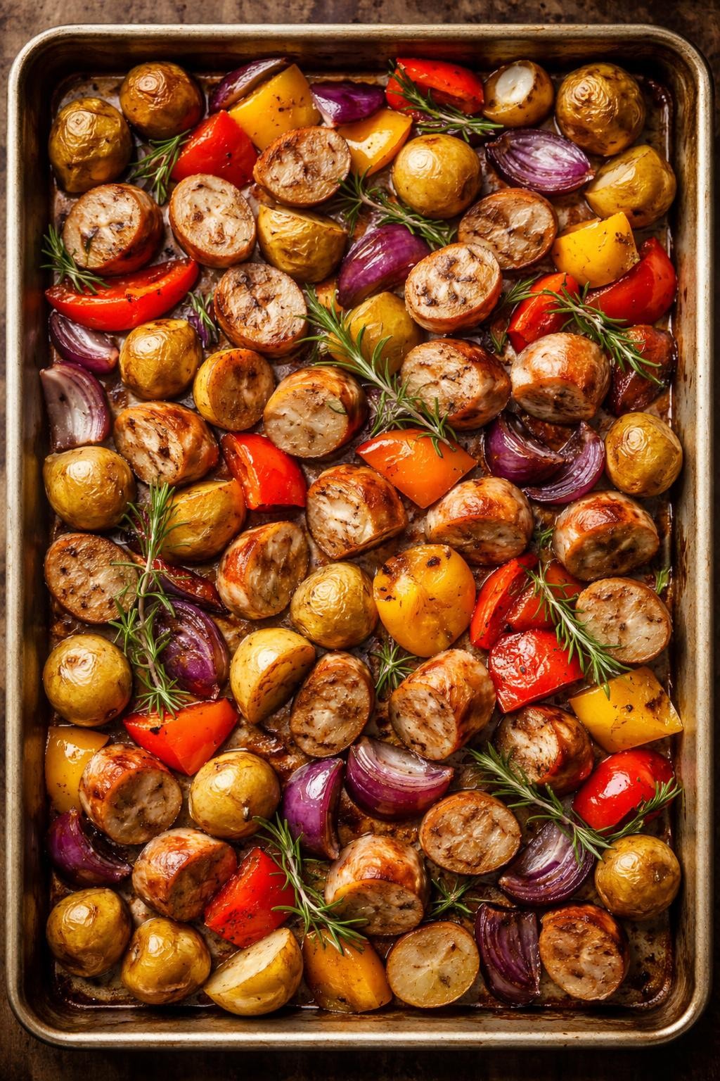 "Top-down realistic shot of a sheet pan with sliced chicken sausage, bell peppers, red onion chunks, and small potatoes, all roasted together until caramelized. Fresh rosemary scattered on top. Warm oven light, easy high-protein dinner prep, no people, no hands, no text, no watermarks."