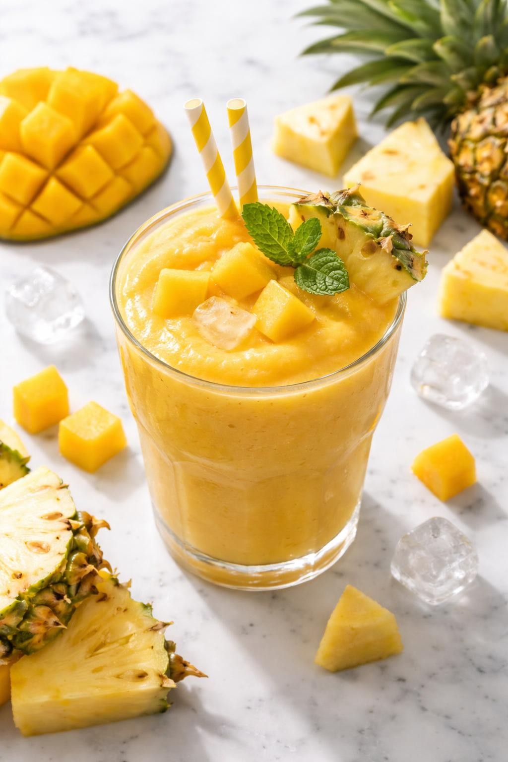 Realistic top-down food photography of a bright pineapple mango smoothie served in a clear glass on a clean white marble countertop. The smoothie is golden yellow, thick, and smooth, styled with pineapple chunks, mango cubes, and a few ice cubes nearby. Bright natural light, clean tropical drink styling, high detail, realistic smoothie texture, no people, no hands, no text, no watermarks, no props with writing.