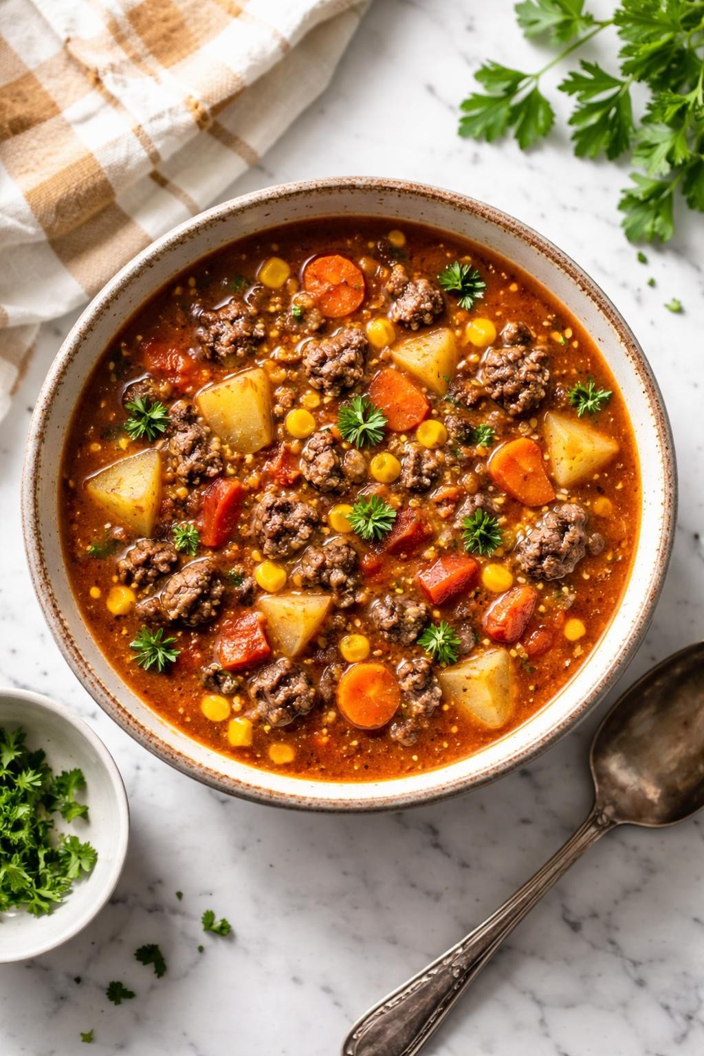 Image Prompt: Realistic top-down editorial food photography of hamburger soup with corn on a white marble countertop, hearty tomato broth with browned ground beef, sweet corn, potatoes, carrots, and fresh parsley in a rustic bowl, cozy homemade meal styling, bright natural window light, soft shadows, no people, no hands, no text, no watermarks, no props with writing.