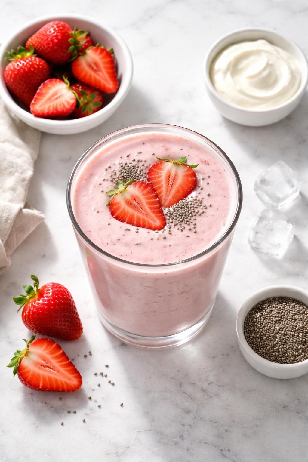 Realistic top-down editorial food photography of a creamy keto strawberry smoothie in a clear glass on a light marble countertop. The smoothie is soft pink, thick, and smooth, with sliced strawberries, a small dish of plain cream, chia seeds, and a few ice cubes arranged neatly nearby. Bright natural daylight, clean low-carb breakfast styling, soft shadows, realistic smoothie texture, high detail, no people, no hands, no text, no watermarks, no props with writing.