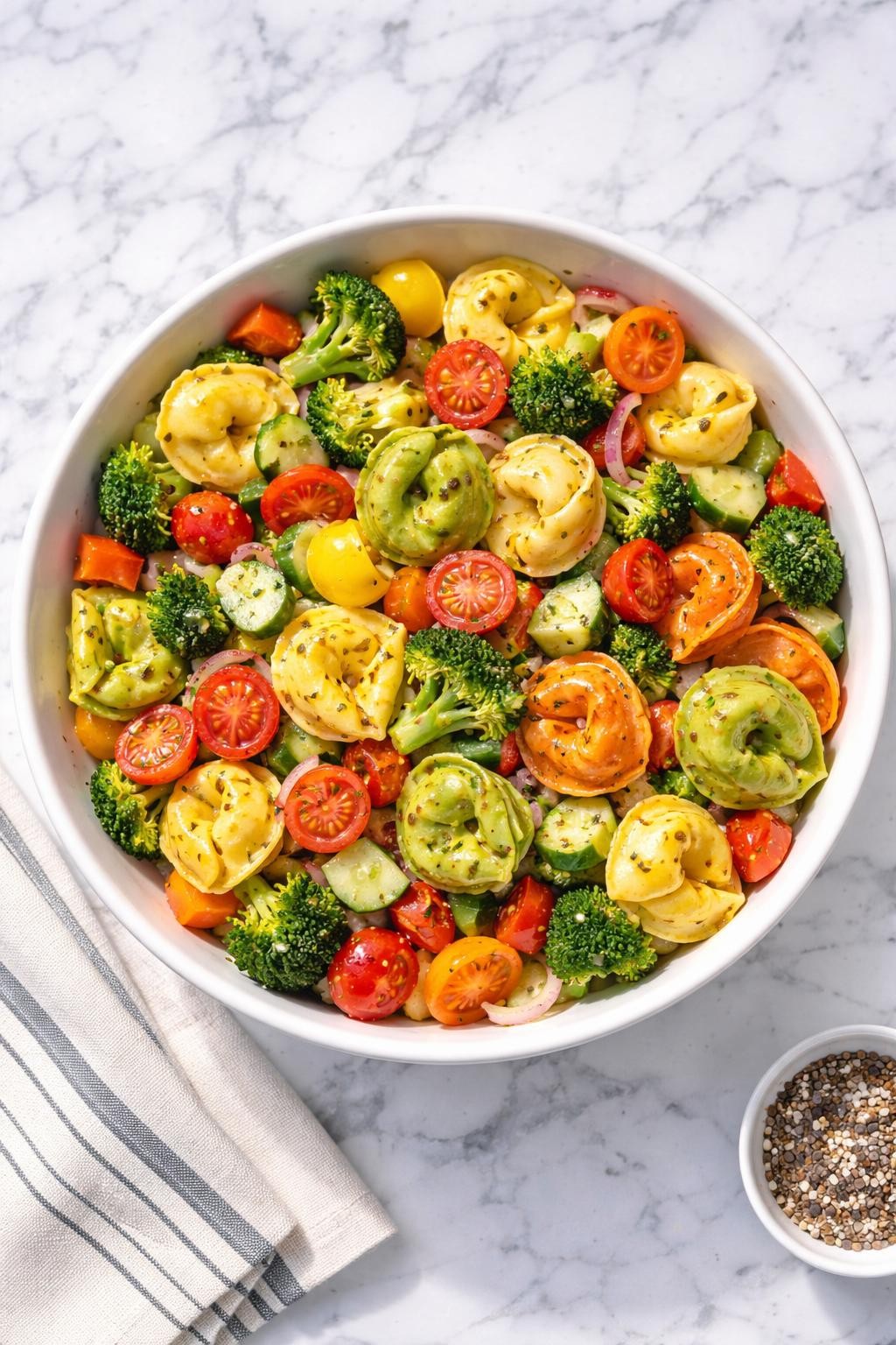 Image Prompt: Realistic top-down editorial food photography of veggie tortellini pasta salad in a large white bowl on a white and gray marble countertop, colorful cheese tortellini salad with broccoli florets, bell peppers, cucumbers, cherry tomatoes, and Italian dressing, bright cheerful homemade styling, natural daylight, soft shadows, no people, no hands, no text, no watermarks, no props with writing.