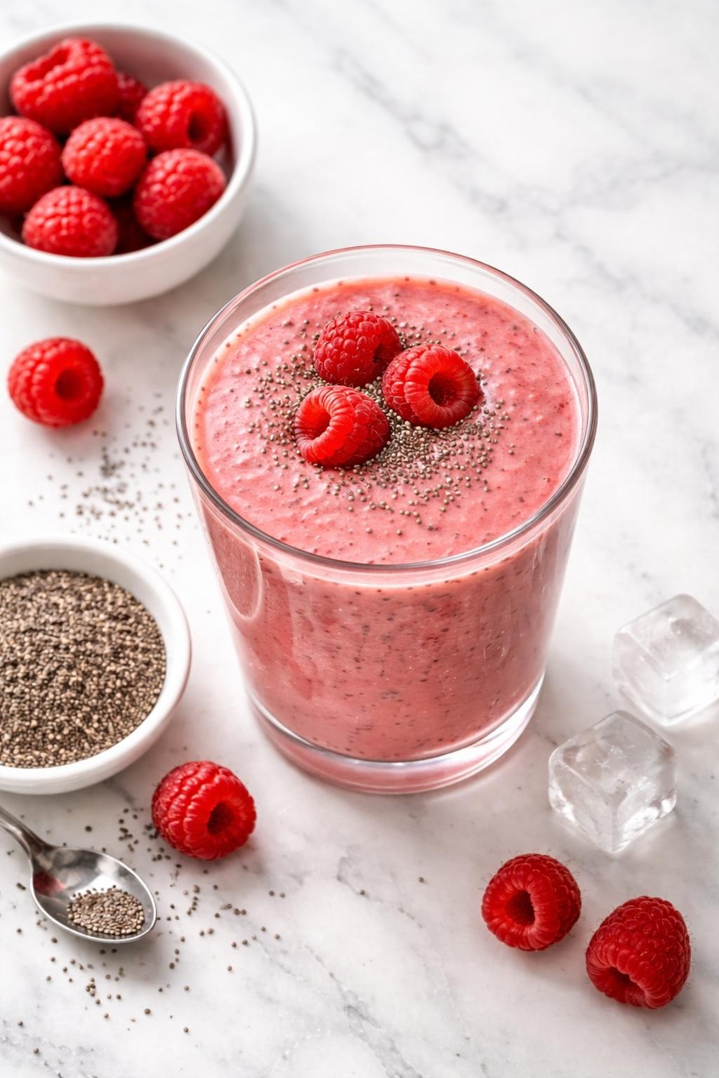 Realistic top-down editorial food photography of a keto raspberry chia smoothie in a clear glass on a light marble countertop. The smoothie is soft pink-red, creamy, and speckled with chia seeds, styled with raspberries, chia seeds in a plain dish, and a few ice cubes nearby. Natural window lighting, clean low-carb fruit smoothie styling, realistic drink texture, high detail, no people, no hands, no text, no watermarks, no props with writing.