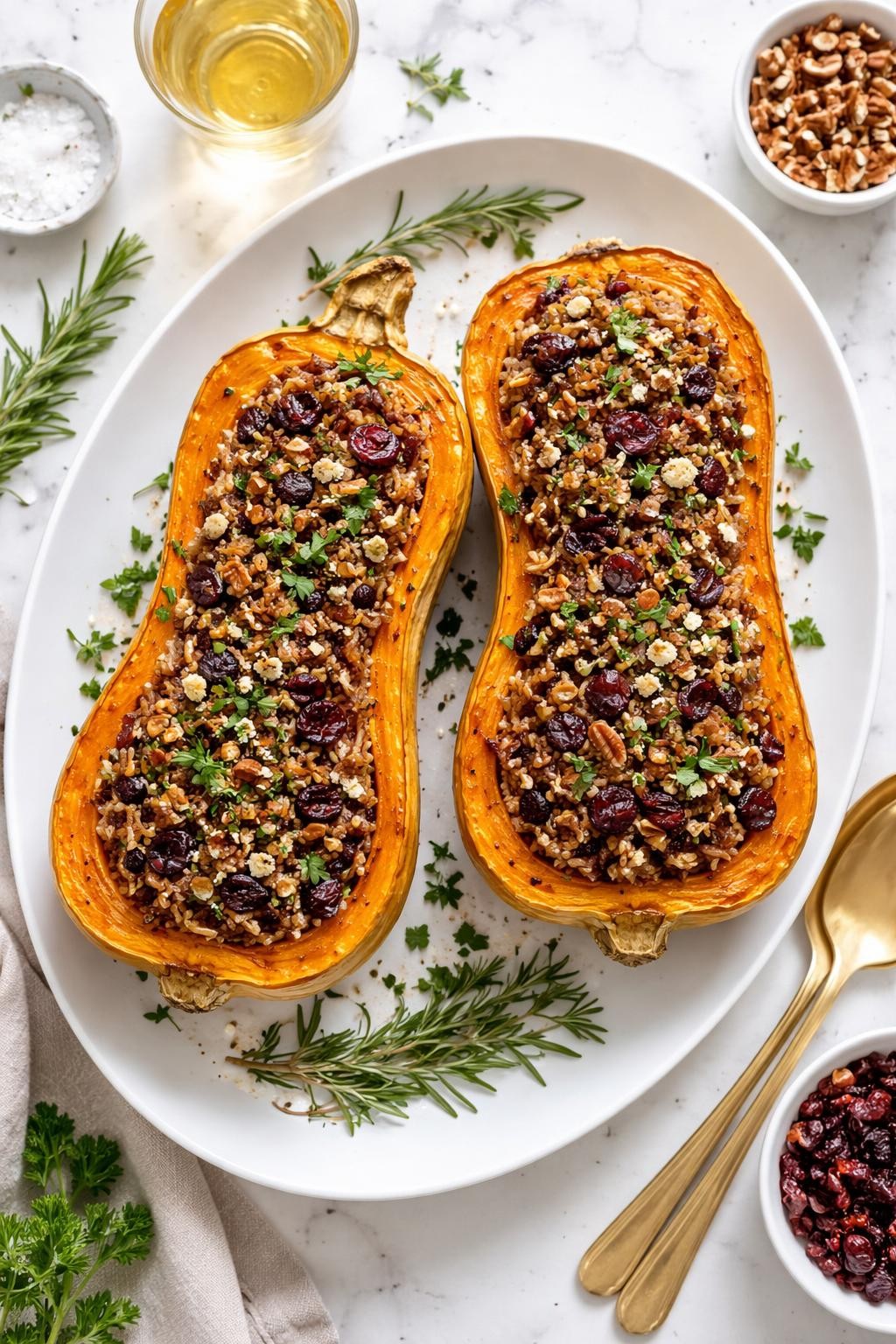 Image Prompt: Top-down realistic food photography of stuffed butternut squash on a bright white marble countertop, roasted butternut squash halves filled with wild rice, cranberries, pecans, and herbs, festive homemade Thanksgiving main dish styling, bright natural daylight, clean editorial composition, high detail, no people, no hands, no text, no watermarks, no props with writing.