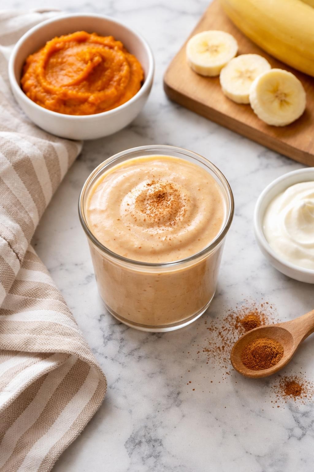 Realistic top-down editorial food photography of a pumpkin banana toddler smoothie in a small clear cup on a white and gray marble countertop. The smoothie is soft orange-beige, creamy, thick, and smooth, styled with pumpkin puree in a plain bowl, banana slices, yogurt, and a tiny sprinkle of cinnamon nearby. Soft natural window lighting, cozy family breakfast styling, high detail, realistic creamy texture, no people, no hands, no text, no watermarks, no props with writing.