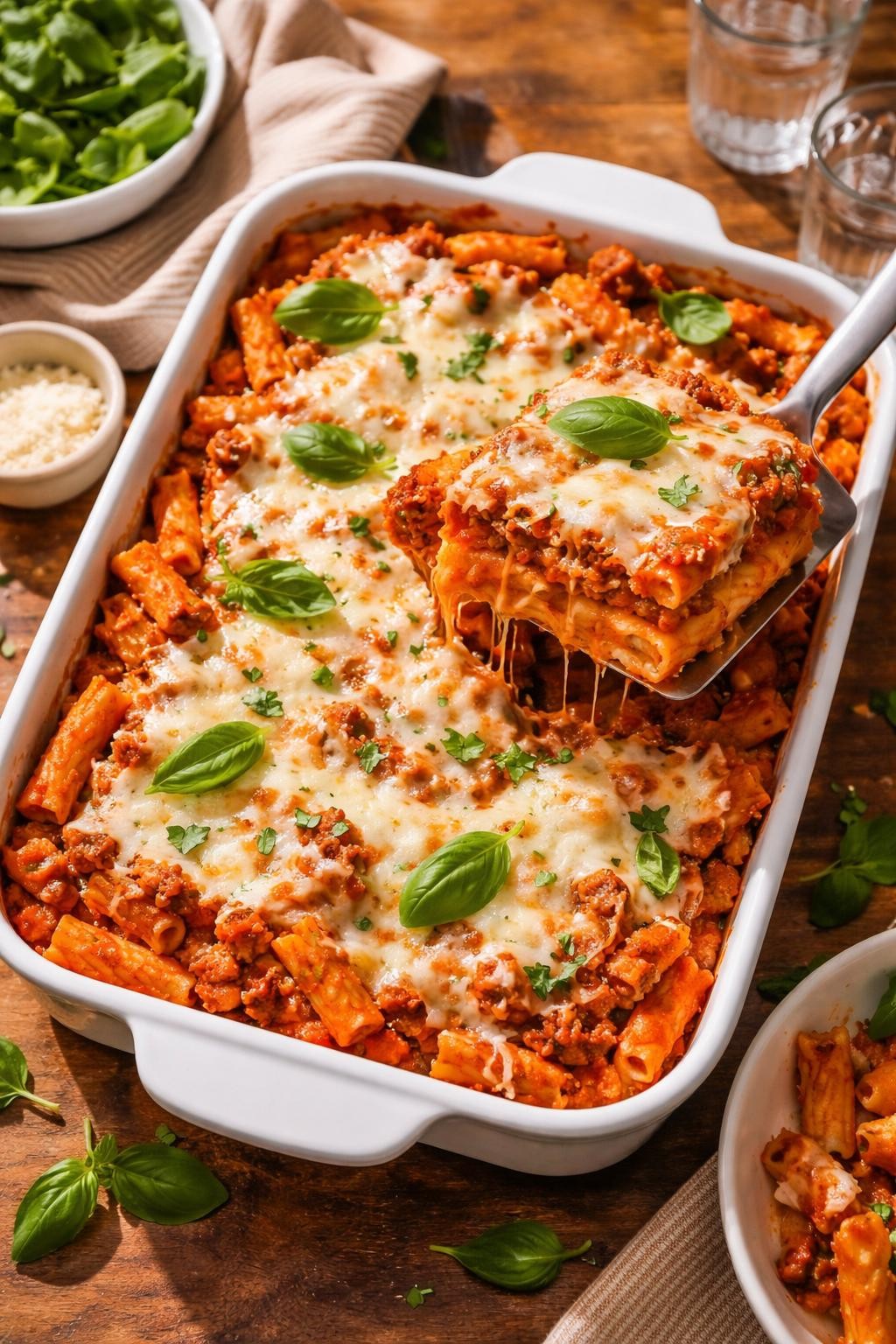 Photo prompt: Realistic top-down editorial food photography of a 9x13 baking dish filled with baked ziti, covered in melted mozzarella and a few fresh basil leaves. A spatula lifting a square, showing layers of pasta, cheese, and red sauce. Warm natural light, kid-friendly pasta bake mood, no people, no hands, no text, no watermarks, no props with writing.