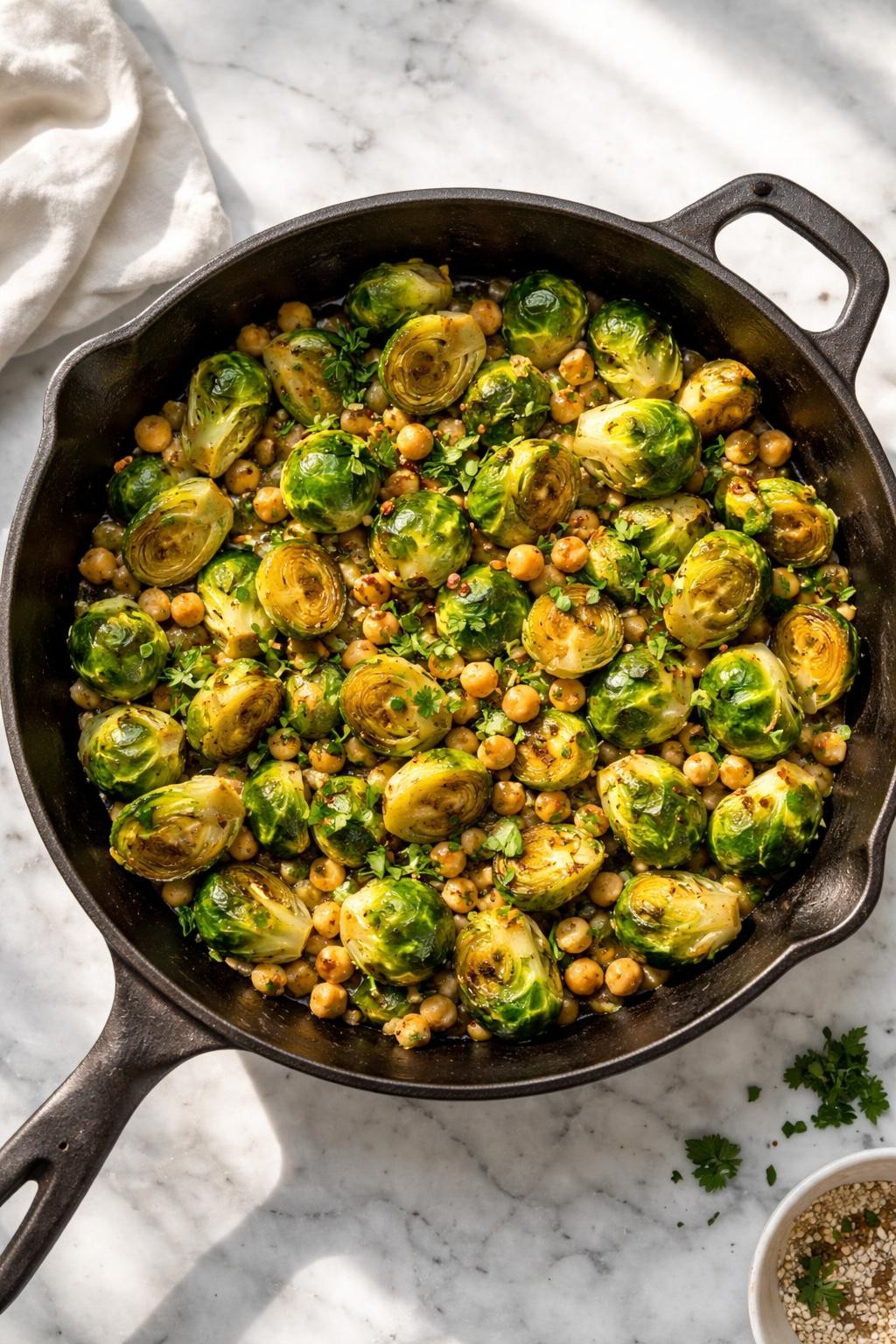 Image Prompt: Top-down realistic editorial food photography of a homemade vegan Brussels sprout and chickpea skillet on a clean white and gray marble countertop, sautéed Brussels sprouts and chickpeas cooked with garlic and herbs in a rustic skillet, warm simple homemade dinner mood, bright natural window light, soft shadows, high detail, no people, no hands, no text, no watermarks, no props with writing.
