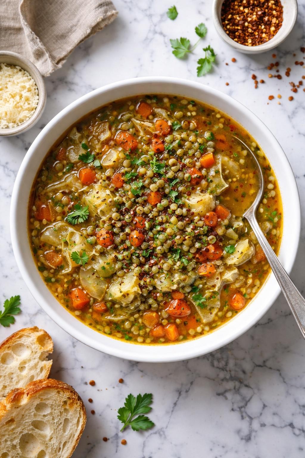 An overheard picture view of a plate of Cabbage and Lentil Soup sitting on a marble countertop table in the kitchen, professional food photography style.