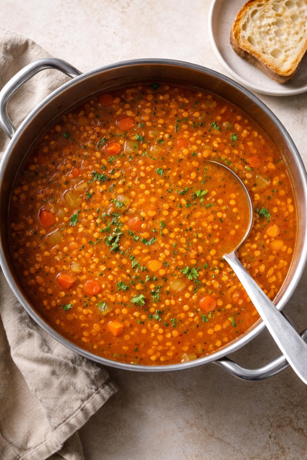 "Overhead realistic photo of a large pot of red lentil soup, showing orange-red broth with small lentil pieces, carrot cubes, and celery bits. A slice of crusty bread on a plate next to the pot. Soft daylight, nourishing and dirt-cheap soup, no people, no hands, no text, no watermarks."