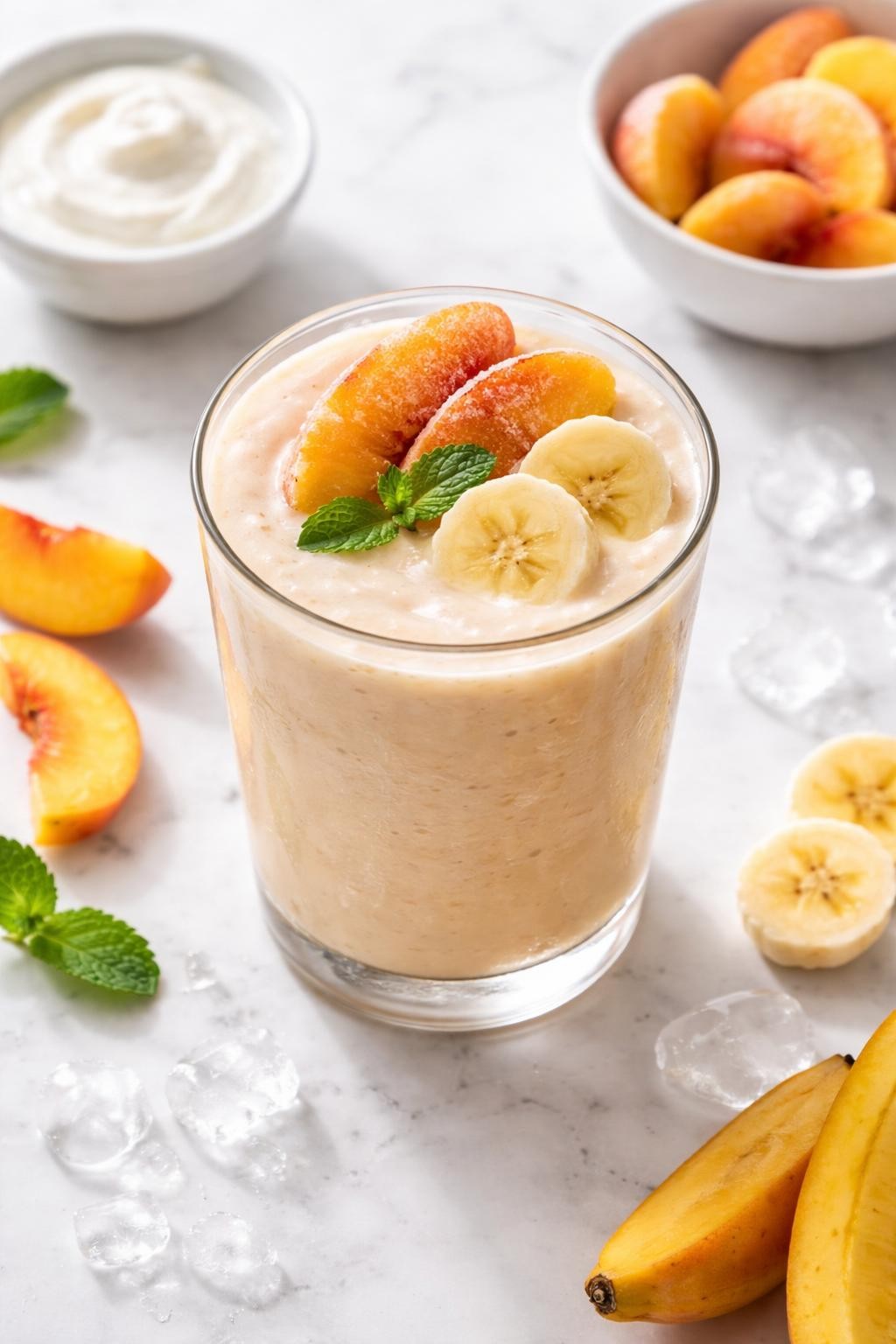 Realistic top-down food photography of a creamy frozen peach smoothie in a clear glass on a clean white marble countertop. The smoothie is pale peach, thick, smooth, and chilled, styled with frozen peach slices, banana rounds, Greek yogurt, and a few ice crystals nearby. Soft natural window lighting, clean summer breakfast styling, realistic smoothie texture, high detail, no people, no hands, no text, no watermarks, no props with writing.