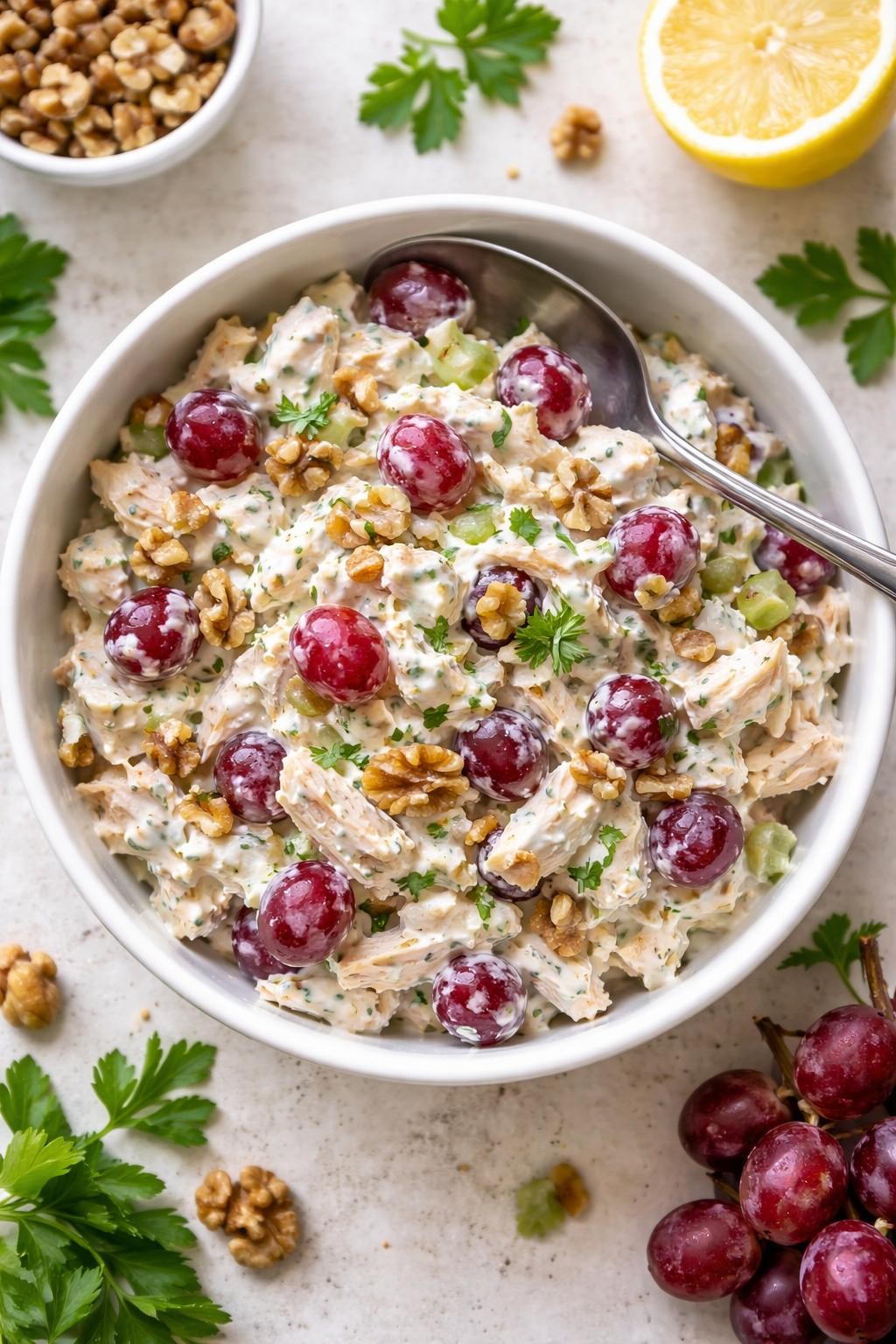 "Overhead realistic photo of a white bowl filled with chicken salad made with Greek yogurt instead of mayo, showing shredded chicken, red grapes, and chopped walnuts. A spoon resting on the rim. Soft natural light, creamy and protein-packed lunch prep, no people, no hands, no text, no watermarks."