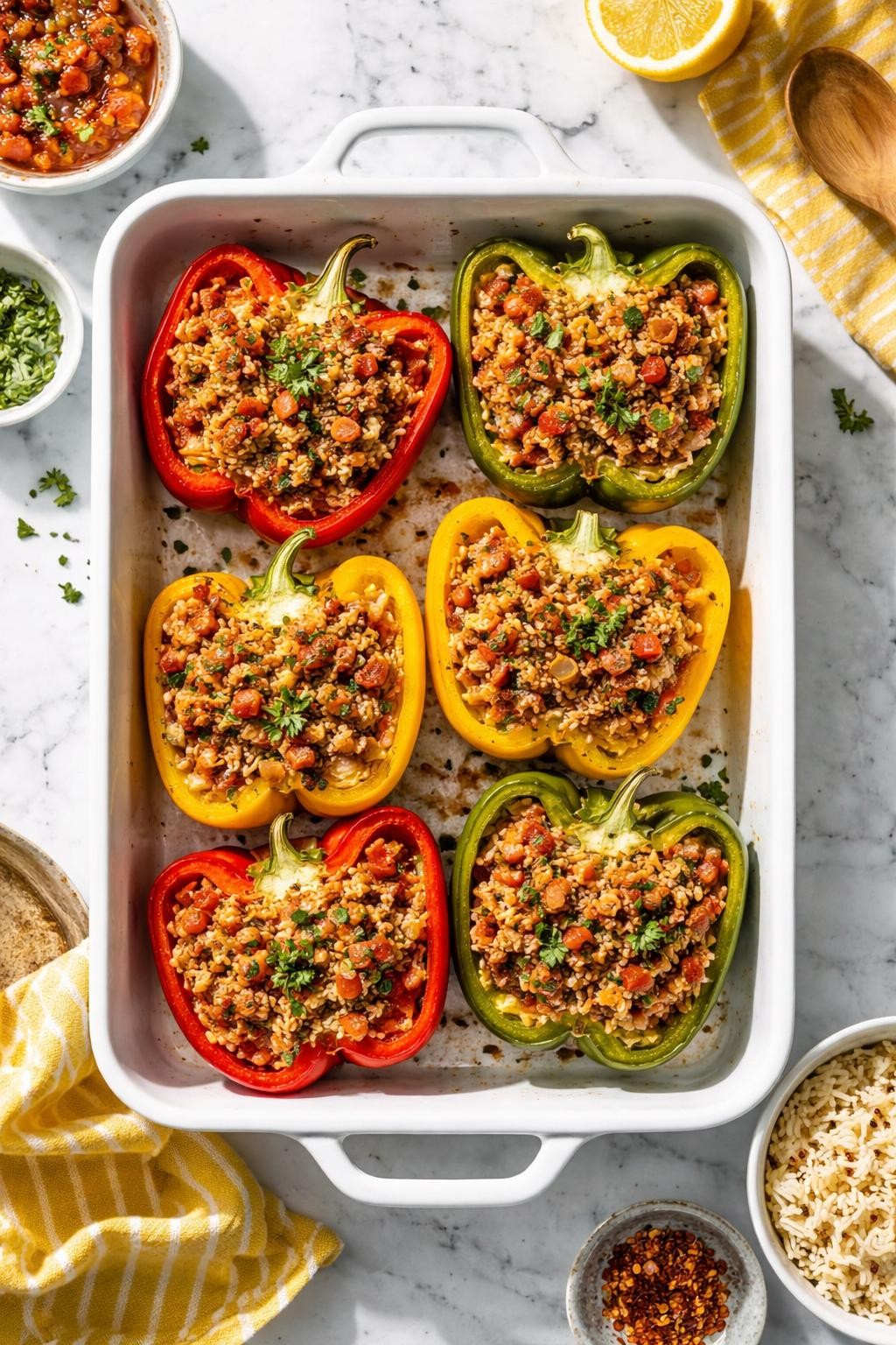 Image Prompt: Top-down realistic editorial food photography of vegan TVP stuffed peppers on a clean white marble countertop, halved bell peppers filled with a savory mixture of TVP, rice, tomatoes, onions, and herbs, baked until tender with lightly browned tops, colorful homemade dinner styling, bright natural daylight, soft shadows, high detail, no people, no hands, no text, no watermarks, no props with writing.