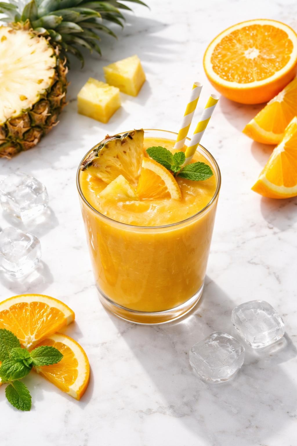 Realistic top-down food photography of a pineapple orange smoothie served in a clear glass on a clean white marble countertop. The smoothie is bright orange-yellow and smooth, styled with pineapple chunks, orange slices, and a few ice cubes nearby. Bright natural daylight, clean citrus breakfast styling, realistic smoothie texture, high detail, no people, no hands, no text, no watermarks, no props with writing.