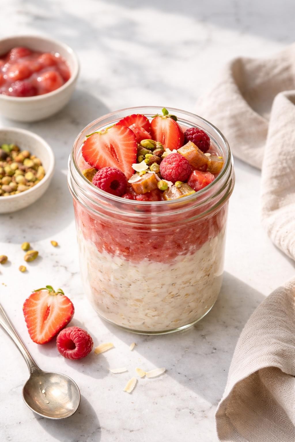 Image Prompt: Top-down realistic editorial food photography of a jar of vegan rhubarb overnight oats on a clean marble countertop, creamy oats layered with soft pink rhubarb compote, fresh fruit on top, bright natural morning light, healthy breakfast mood, neat clean styling, no people, no hands, no text, no watermarks, no props with writing.