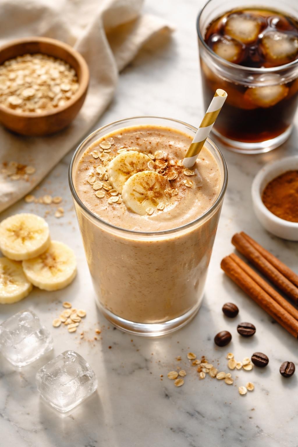 Realistic top-down editorial food photography of a cinnamon coffee smoothie in a clear glass on a light marble countertop. The smoothie is pale coffee brown, thick, smooth, and creamy, styled with a small sprinkle of cinnamon, rolled oats, banana slices, cold coffee, and a few ice cubes nearby. Natural window lighting, cozy morning coffee styling, realistic smoothie texture, high detail, no people, no hands, no text, no watermarks, no props with writing.