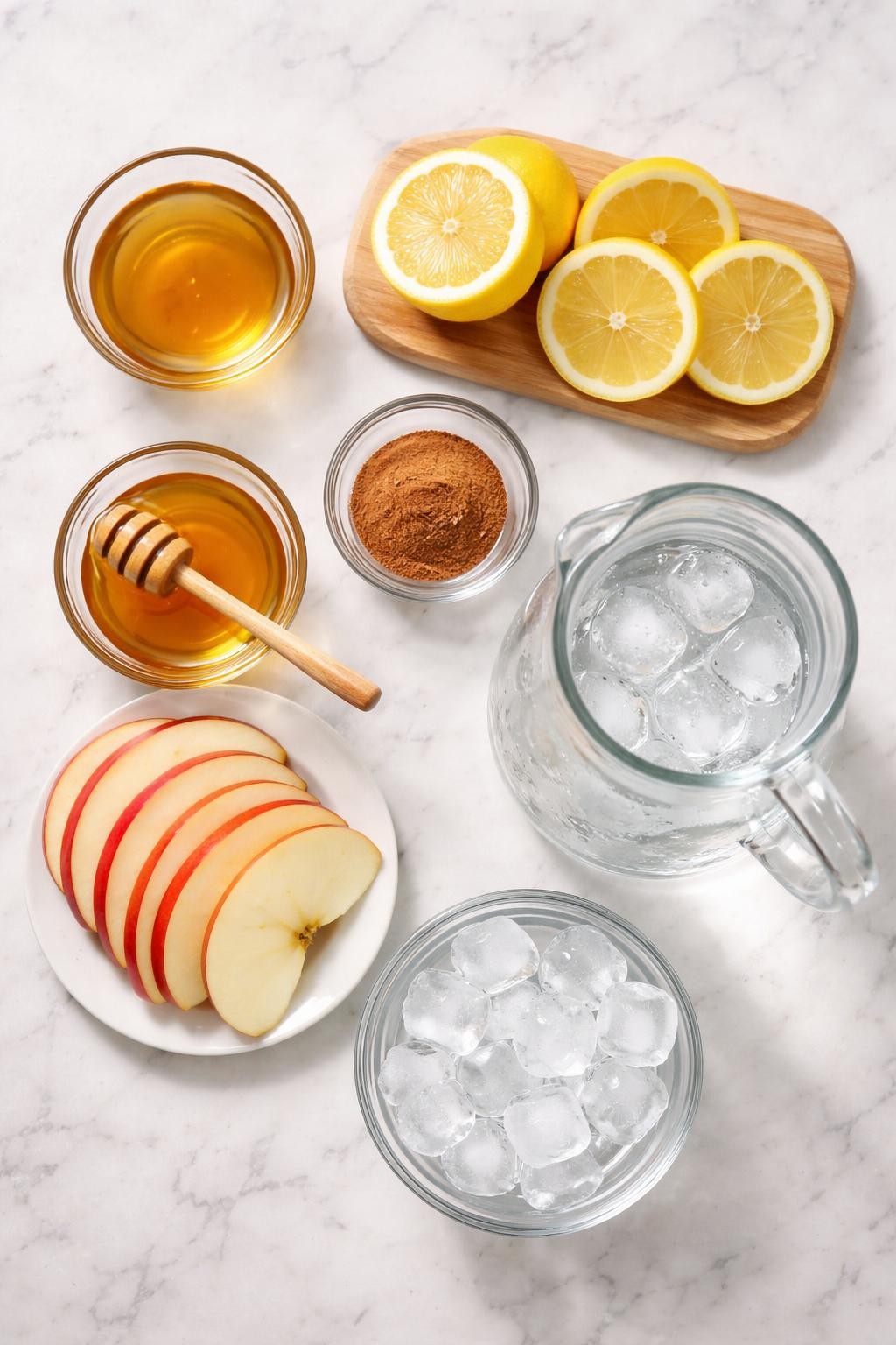 Prompt: A realistic top-down flat lay food photography shot of all ingredients for an apple cider vinegar detox drink arranged neatly on a countertop marble table: apple cider vinegar in a small clear glass bowl, fresh lemon halves and lemon rounds, honey in a small clear bowl, ground cinnamon in a small clear bowl, thin fresh apple slices, cold water in a clear glass pitcher, and ice cubes in a small clear bowl. Clean natural lighting, simple fresh drink styling, neat composition, no people, no hands, no text, no watermarks, no props with writing.