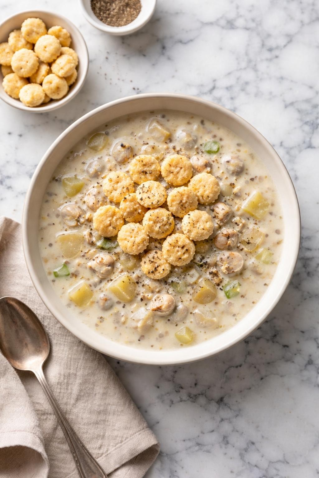 Prompt: Top-down realistic editorial food photography of a bowl of oyster cracker clam chowder on a clean white and gray marble countertop, creamy chowder filled with chopped clams, diced potatoes, onion, and celery, topped with a handful of oyster crackers and cracked black pepper, thick homemade soup in a simple neutral bowl, warm cozy comfort food mood, bright natural window lighting, soft shadows, clean composition, high detail, realistic food texture, no people, no hands, no text, no watermarks, no props with writing.