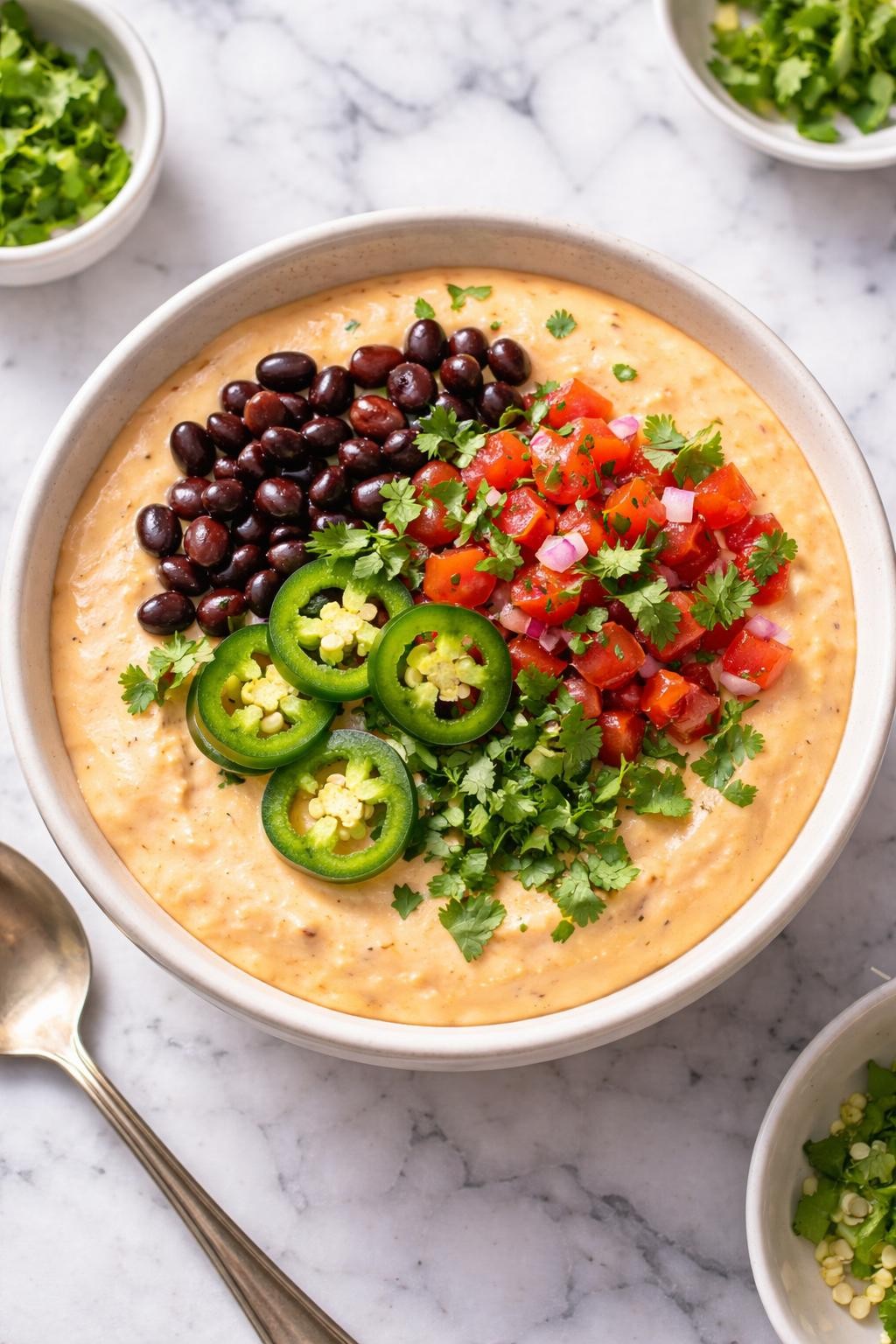 Image Prompt: Realistic top-down editorial food photography of a high protein Mexican cottage cheese queso bowl on a clean white and gray marble countertop, creamy orange queso-style sauce made with blended cottage cheese, topped with black beans, diced tomatoes, jalapenos, and cilantro, bright natural light, modern homemade snack meal mood, no people, no hands, no text, no watermarks, no props with writing.