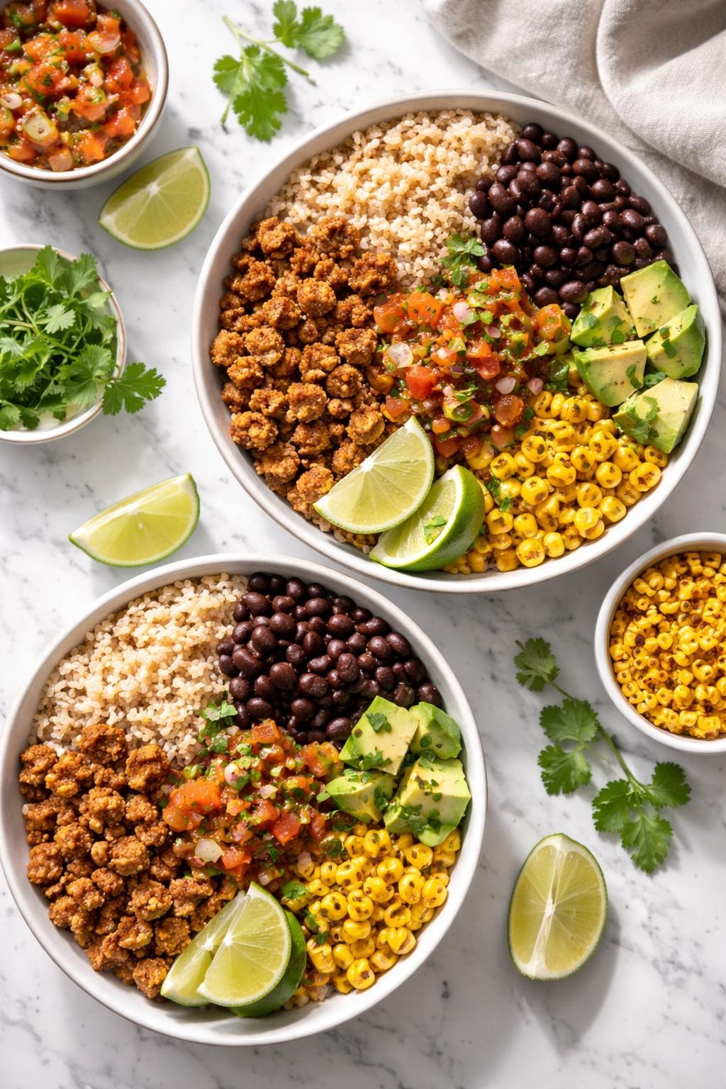 Image Prompt: Top-down realistic editorial food photography of homemade vegan tempeh burrito bowls on a clean white marble countertop, bowls filled with rice, seasoned tempeh crumbles, black beans, corn, avocado, and salsa arranged neatly in sections, fresh hearty homemade dinner mood, bright natural daylight, soft shadows, high detail, no people, no hands, no text, no watermarks, no props with writing.