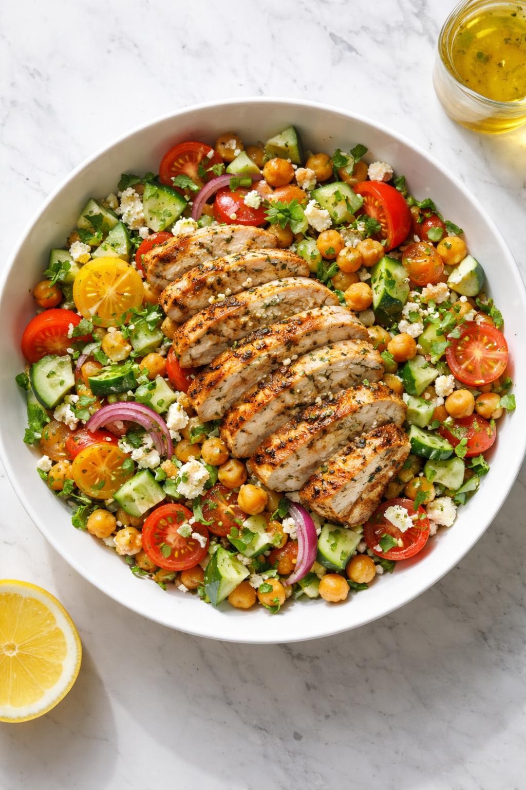 Image Prompt: Realistic top-down editorial food photography of a Mediterranean grilled chicken chickpea salad in a shallow white bowl on a clean marble surface, sliced grilled chicken with chickpeas, cucumbers, tomatoes, parsley, red onion, and feta, lemon olive oil dressing, bright natural light, crisp fresh meal styling, no people, no hands, no text, no watermarks, no props with writing.