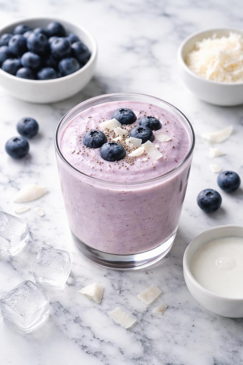 Realistic top-down editorial food photography of a keto blueberry coconut smoothie served in a clear glass on a white and gray marble countertop. The smoothie is pale purple, creamy, and smooth, styled with blueberries, coconut flakes, a small dish of coconut milk, and a few ice cubes nearby. Bright natural daylight, clean low-carb breakfast mood, realistic smoothie texture, high detail, no people, no hands, no text, no watermarks, no props with writing.