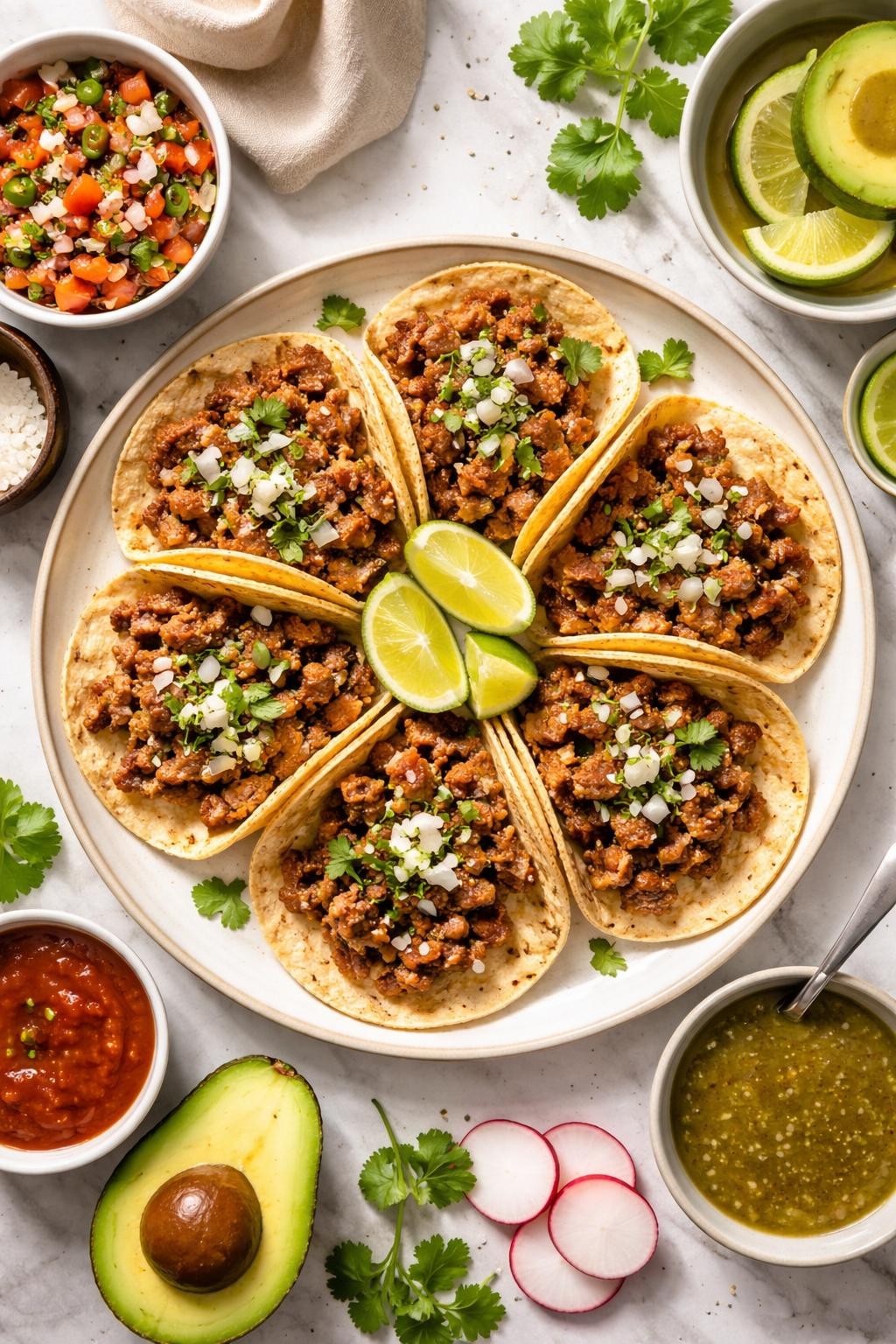 An overheard picture view of a plate of Tacos de Carnitas Estilo Michoacán sitting on a marble countertop table in the kitchen, professional food photography style.