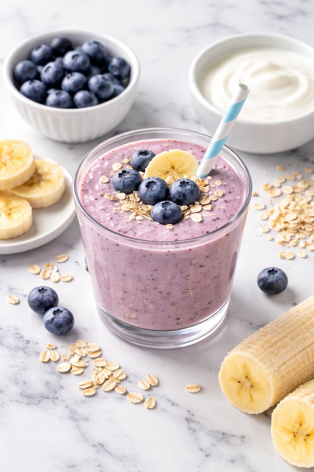 Realistic top-down editorial food photography of a blueberry oat toddler smoothie in a short clear cup on a clean white and gray marble countertop. The smoothie is soft purple, creamy, and smooth, styled with blueberries, rolled oats, banana slices, and a small plain bowl of yogurt nearby. Bright natural daylight, clean family snack mood, realistic smoothie texture, high detail, no people, no hands, no text, no watermarks, no props with writing.