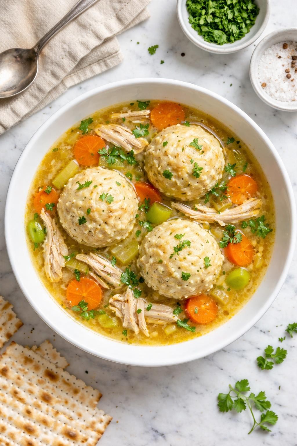 An overheard picture view of a plate of Chicken Matzo Ball Soup sitting on a marble countertop table in the kitchen, professional food photography style.