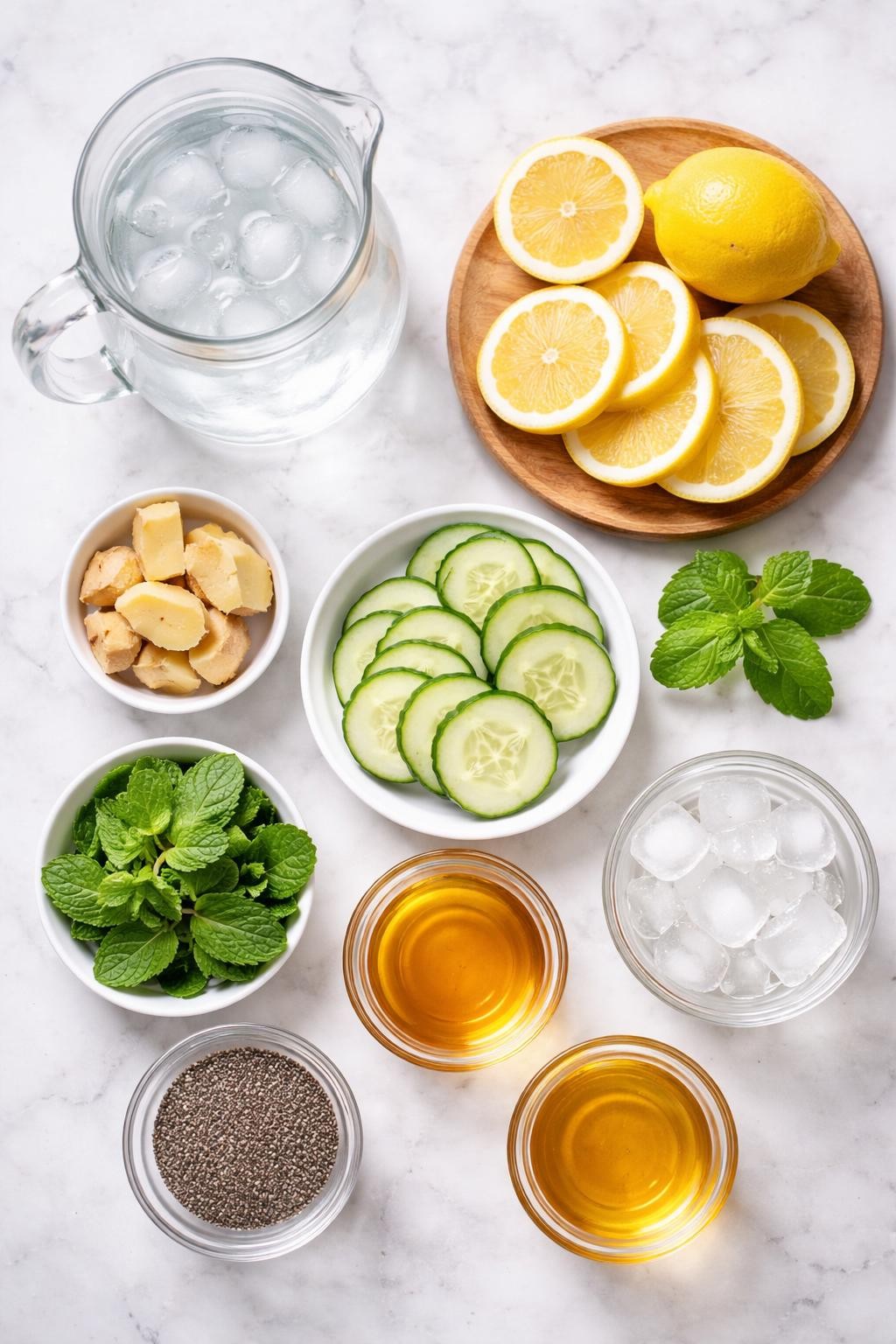 Prompt: A realistic top-down flat lay food photography shot of all ingredients for a gut detox drink arranged neatly on a countertop marble table: cold water in a clear glass pitcher, fresh lemon halves and lemon rounds, thin cucumber slices, peeled fresh ginger pieces, fresh mint leaves, chia seeds in a small clear bowl, honey in a small clear bowl, apple cider vinegar in a small clear bowl, and ice cubes in a small clear bowl. Clean natural lighting, fresh drink styling, neat composition, no people, no hands, no text, no watermarks, no props with writing.