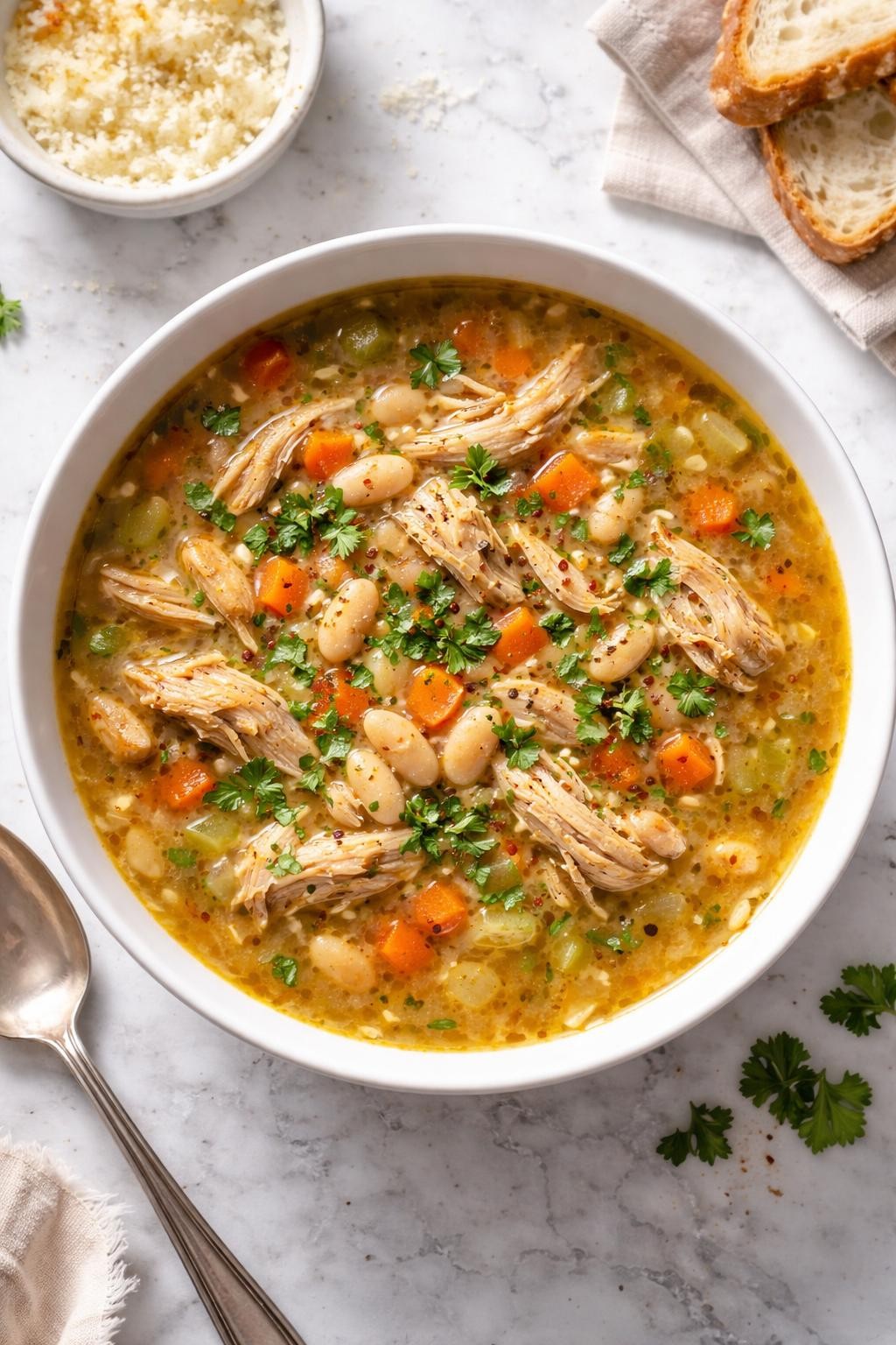 Image Prompt: Realistic top-down editorial food photography of chicken thigh bean soup in a white bowl on a clean marble countertop, rich broth with shredded chicken thighs, white beans, carrots, celery, and herbs, cozy rustic homemade meal mood, bright natural window lighting, no people, no hands, no text, no watermarks, no props with writing.