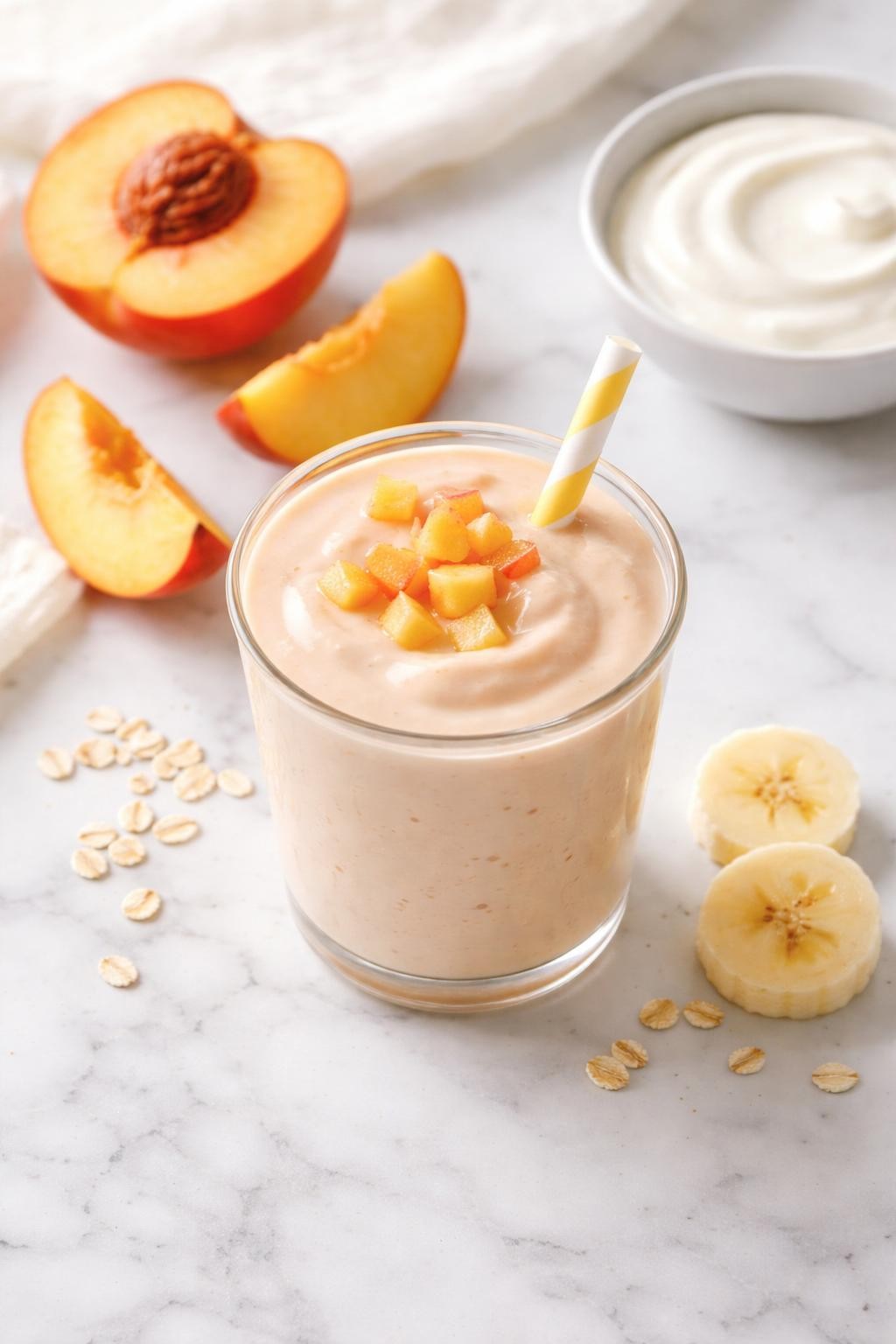 Realistic top-down editorial food photography of a peach yogurt toddler smoothie served in a small clear cup on a clean white marble countertop. The smoothie is pale peach, creamy, thick, and smooth, styled with soft peach slices, banana rounds, and a plain bowl of yogurt nearby. Soft natural daylight, clean gentle snack styling, realistic creamy texture, high detail, no people, no hands, no text, no watermarks, no props with writing.