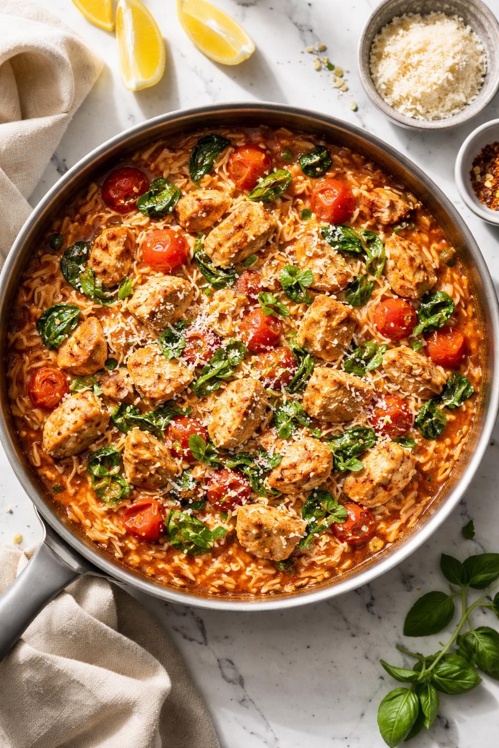 Image Prompt: Top-down realistic editorial food photography of a homemade Italian chicken orzo skillet on a clean white marble countertop, tender orzo cooked with chicken pieces, tomatoes, garlic, herbs, and parmesan in a shallow pan, warm cozy dinner mood, bright natural daylight, soft shadows, high detail, no people, no hands, no text, no watermarks, no props with writing.