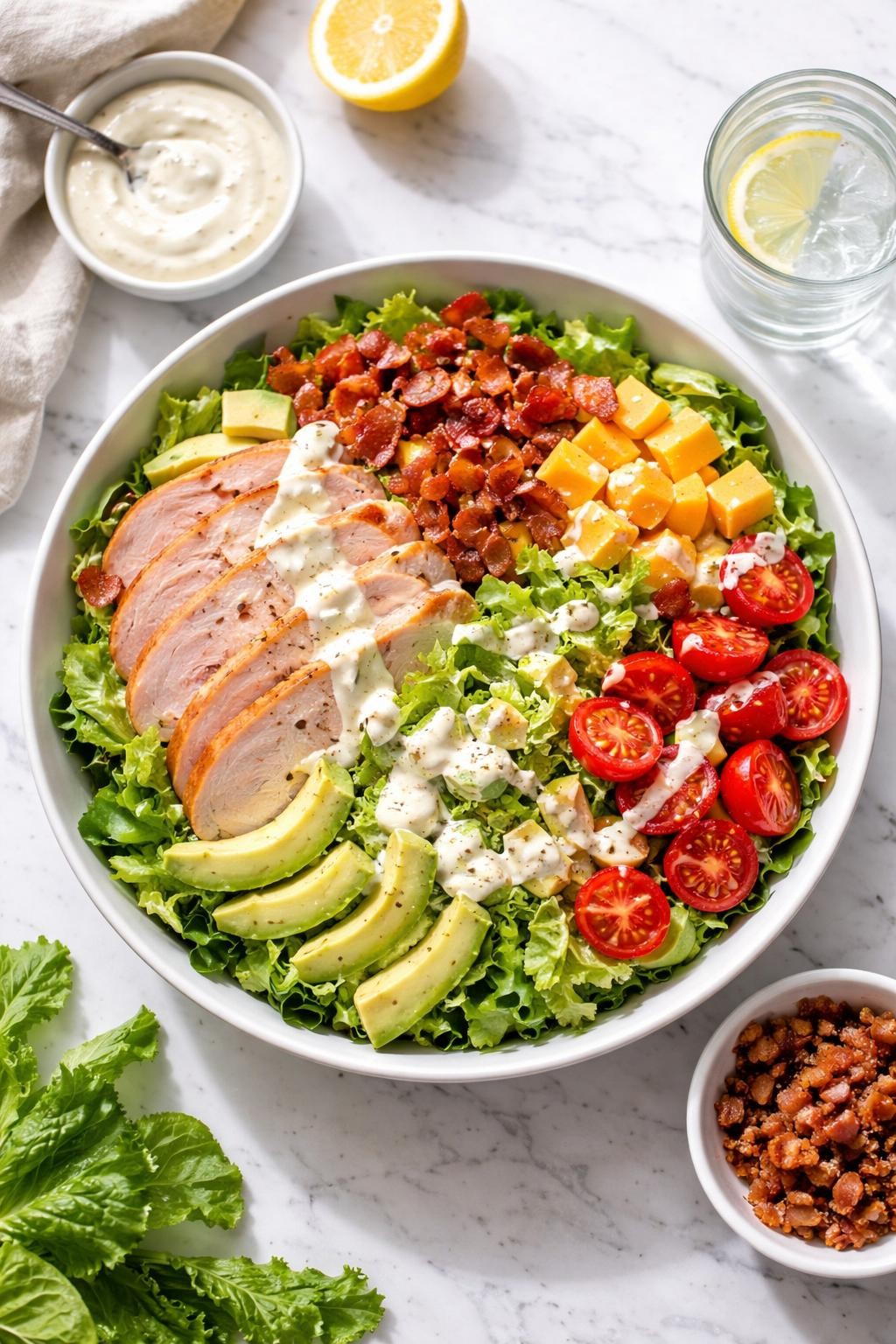 Image Prompt: Realistic top-down editorial food photography of a keto turkey club salad on a white marble countertop, filled with sliced turkey, crispy bacon, lettuce, avocado, cheese cubes, tomatoes, and creamy dressing, hearty homemade lunch styling, bright natural daylight, soft shadows, clean editorial composition, high detail, realistic texture, no people, no hands, no text, no watermarks, no props with writing.