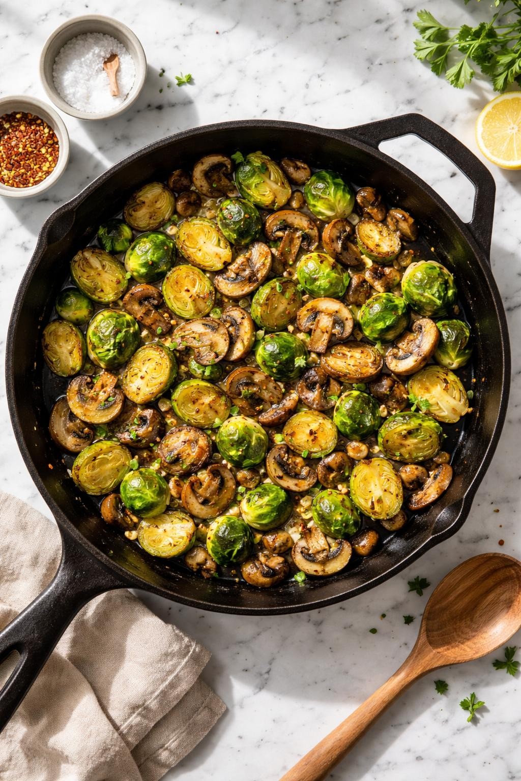 Image Prompt: Top-down realistic editorial food photography of a homemade vegan Brussels sprout and mushroom skillet on a clean white marble countertop, sliced Brussels sprouts and browned mushrooms cooked with garlic and herbs in a rustic skillet, warm savory homemade dinner mood, bright natural daylight, soft shadows, high detail, no people, no hands, no text, no watermarks, no props with writing.