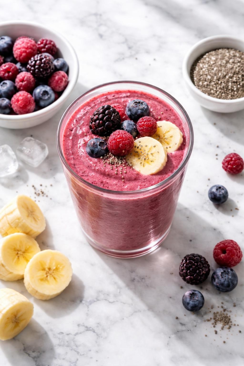 Realistic top-down editorial food photography of a frozen berry banana smoothie served in a clear glass on a clean white and gray marble countertop. The smoothie is deep pink-purple, thick, cold, and creamy, with frozen mixed berries, banana slices, chia seeds, and a few ice crystals styled neatly nearby. Bright natural window lighting, soft shadows, clean breakfast styling, high detail, realistic smoothie texture, no people, no hands, no text, no watermarks, no props with writing.