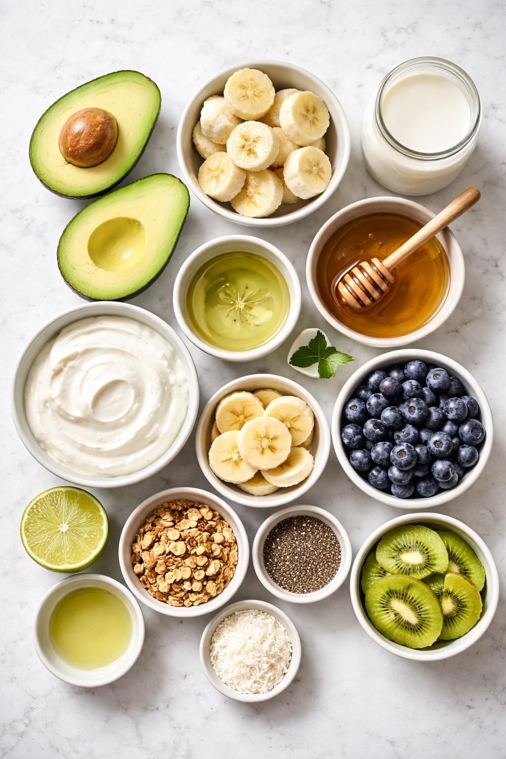 Prompt: A realistic top-down flat lay food photography image of avocado smoothie bowl ingredients arranged neatly on a countertop marble table. Include ripe avocado halves, frozen banana slices, thick Greek yogurt or coconut yogurt, almond milk, honey, fresh lime juice, fresh banana slices, blueberries, kiwi slices, granola, chia seeds, and shredded coconut. Clean bright natural light, simple organized layout, no people, no hands, no text, no watermarks, no props with writing.