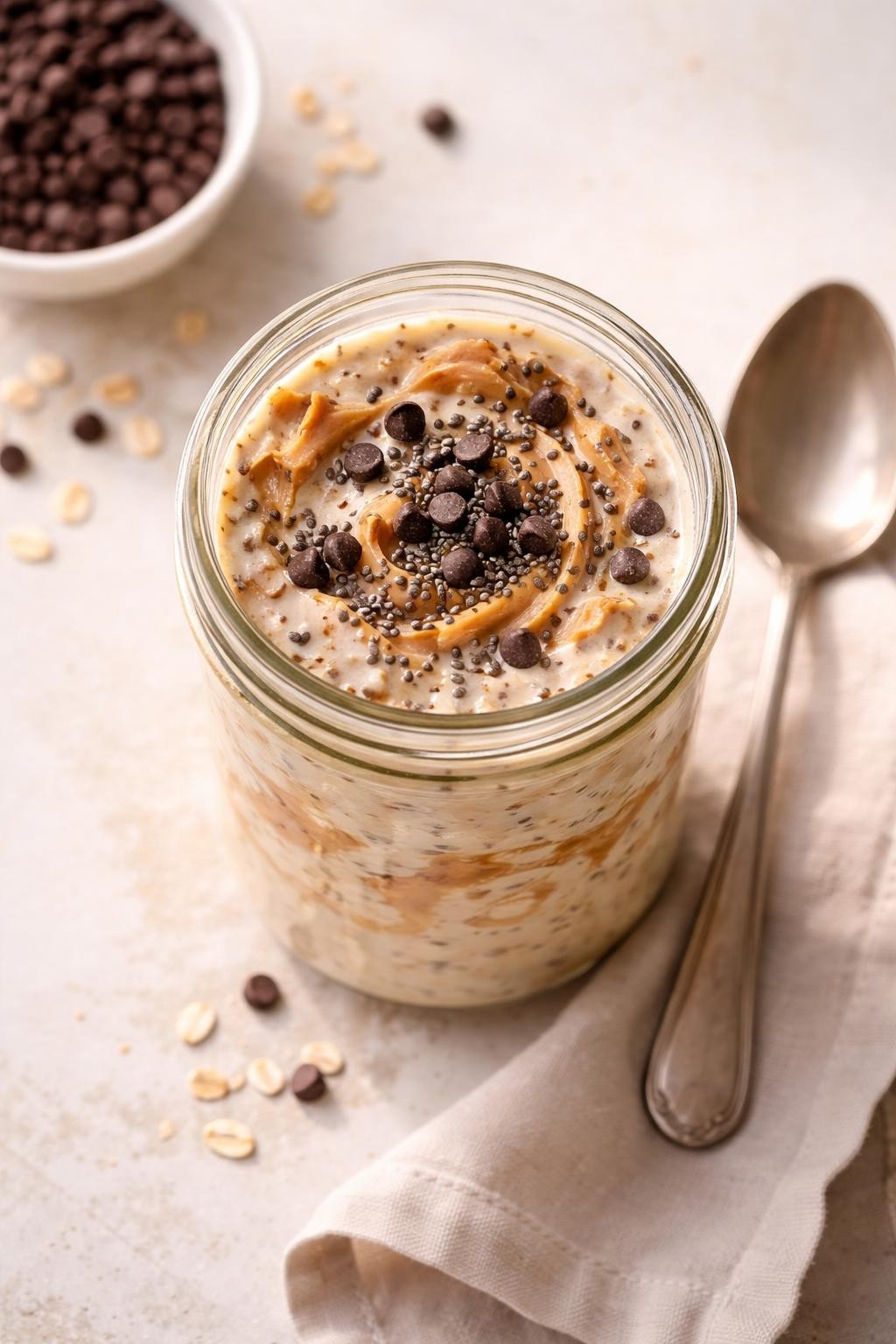 "Overhead realistic photo of a mason jar filled with overnight oats, with visible peanut butter swirls, chia seeds, and a sprinkle of chocolate chips. A spoon tucked next to the jar. Soft morning light, high-protein no-cook breakfast, no people, no hands, no text, no watermarks."