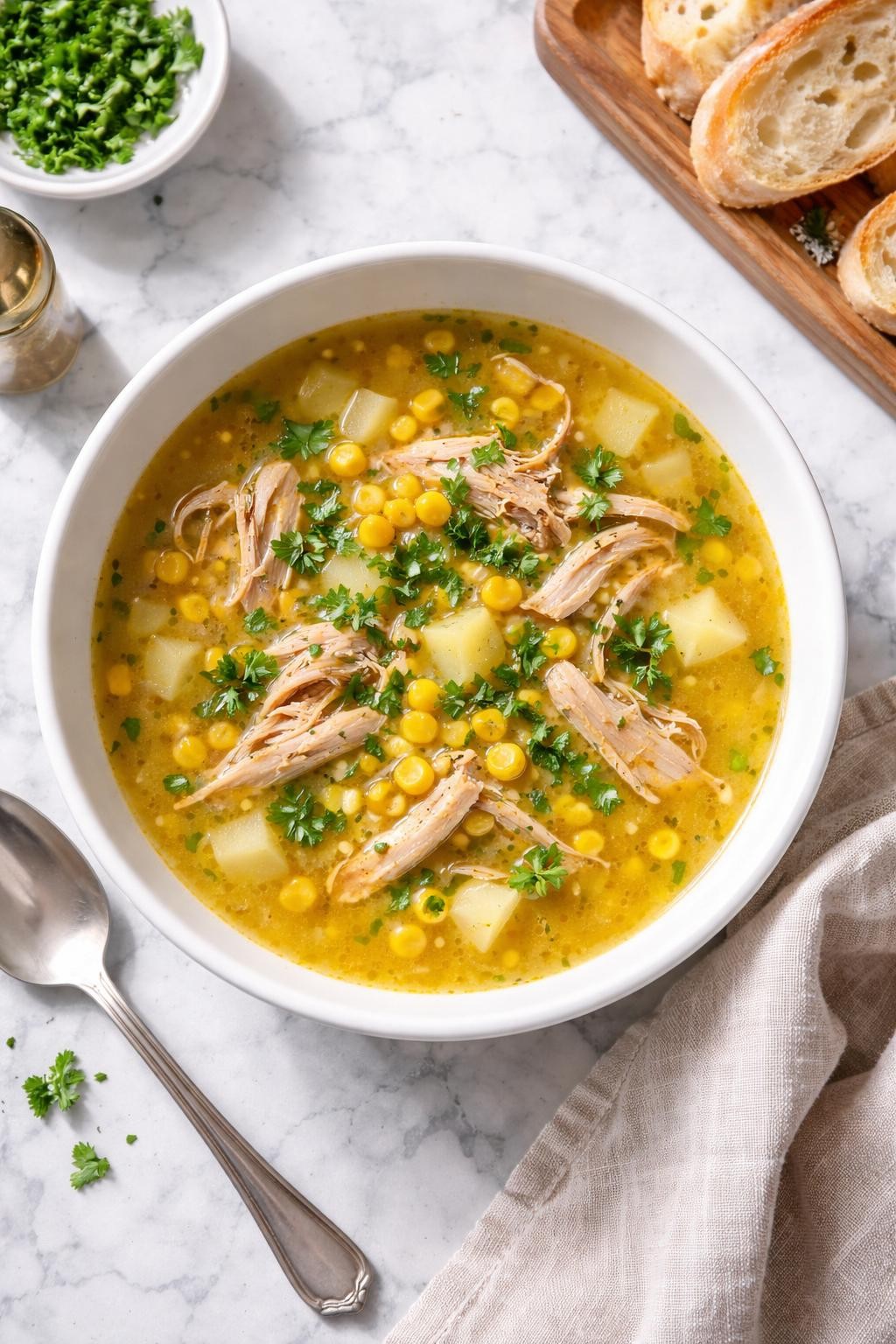 Image Prompt: Realistic top-down editorial food photography of chicken thigh corn soup in a white ceramic bowl on a clean white and gray marble countertop, golden broth with shredded chicken thighs, sweet corn, diced potatoes, and parsley, cozy family dinner styling, bright natural light, no people, no hands, no text, no watermarks, no props with writing.
