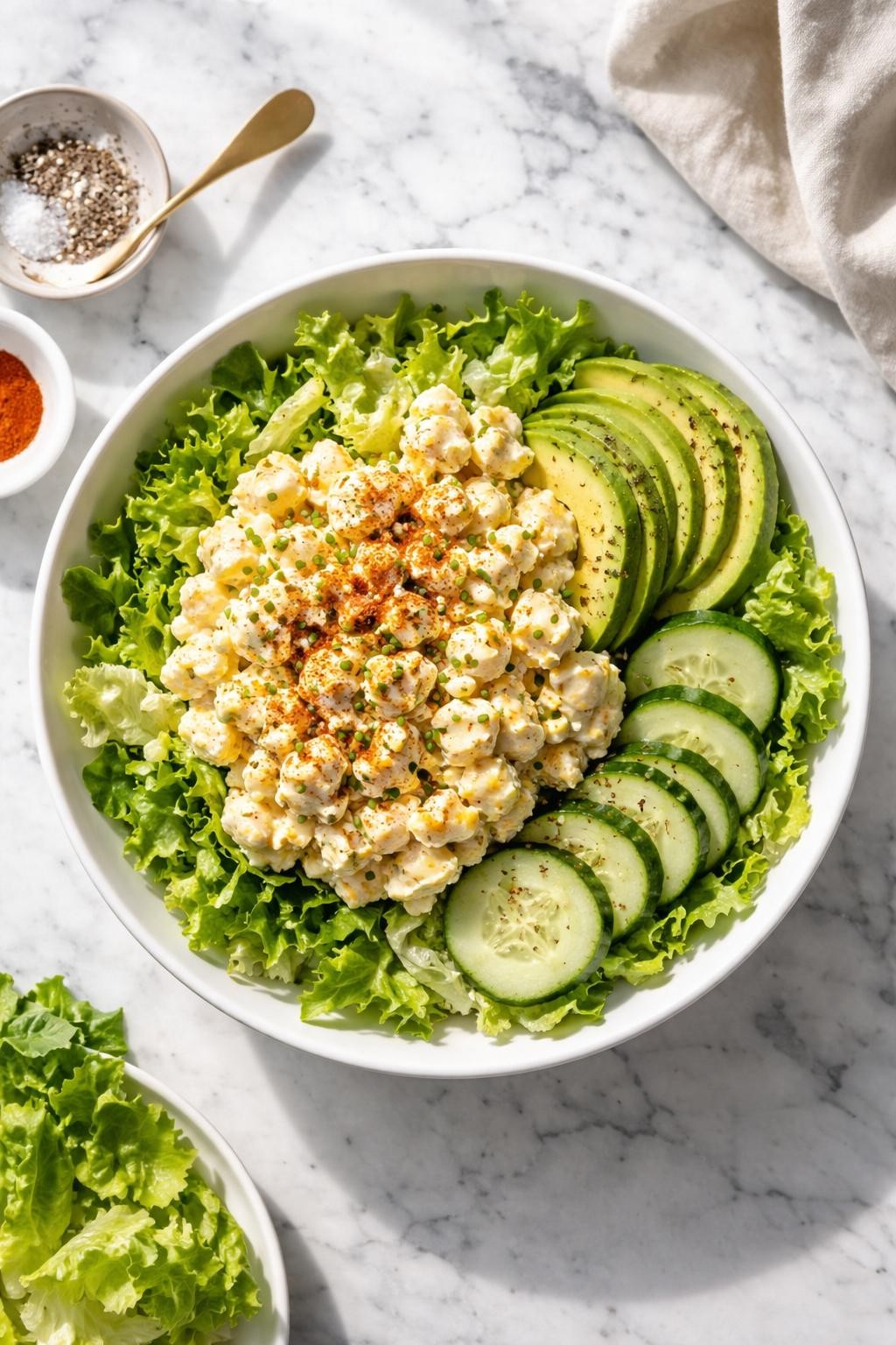 Image Prompt: Realistic top-down editorial food photography of a keto egg salad bowl on a clean white and gray marble countertop, with chopped lettuce topped with creamy egg salad, sliced avocado, cucumber, and paprika dusting, simple hearty homemade lunch styling, bright natural window lighting, soft shadows, clean composition, high detail, realistic food texture, no people, no hands, no text, no watermarks, no props with writing.