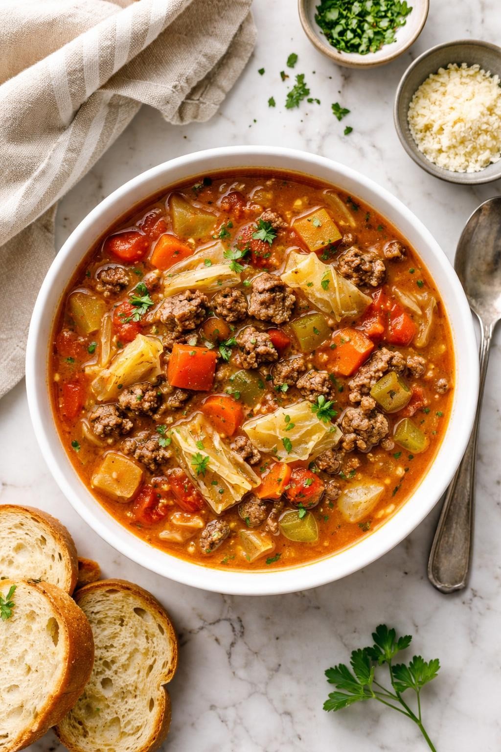 An overheard picture view of a plate of Crockpot Cabbage Soup with Ground Beef sitting on a marble countertop table in the kitchen, professional food photography style.