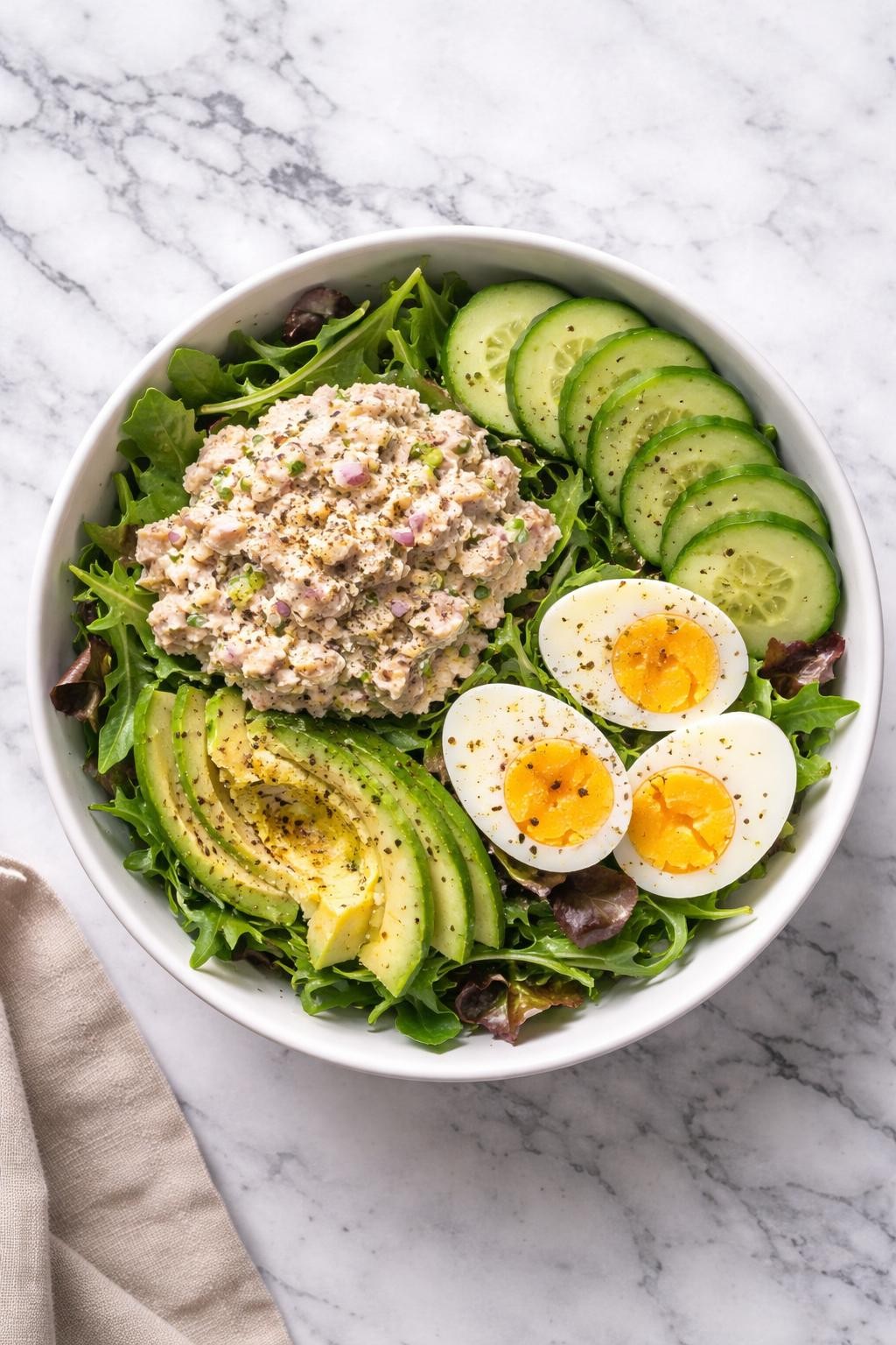 Image Prompt: Realistic top-down editorial food photography of a keto tuna salad bowl on a clean white and gray marble countertop, filled with mixed greens topped with creamy tuna salad, cucumber, boiled eggs, avocado, and cracked black pepper, simple filling homemade lunch mood, bright natural window lighting, soft shadows, clean composition, high detail, realistic food texture, no people, no hands, no text, no watermarks, no props with writing.