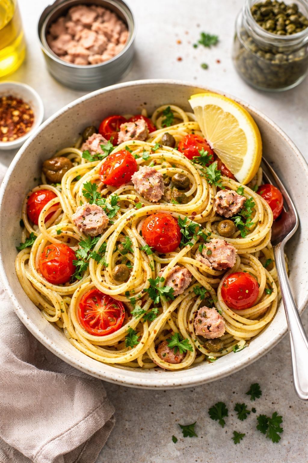 Prompt: Realistic top-down editorial food photography of a bowl of pasta with canned tuna, capers, cherry tomatoes, and parsley, all tossed in olive oil. A lemon wedge rests on the rim of the bowl. The pasta is bright and fresh-looking. A small jar of capers and a can of tuna are visible in the blurred background. Natural daylight, simple Italian-inspired comfort food, no people, no hands, no text, no watermarks, no props with writing.